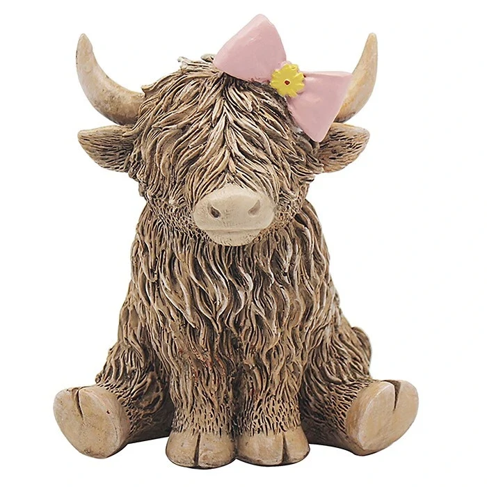 Highland Cow Ornament with Pink Bow – Resin Farmhouse Decor