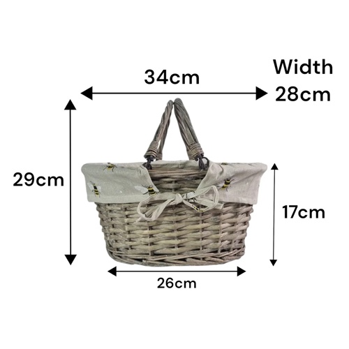 Grey Wicker Shopper Basket with Bumblebee Liner – Fold-Flat Handles