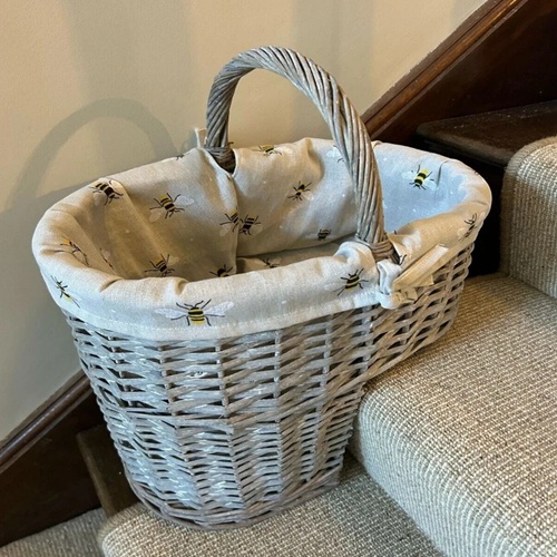 Grey Wicker Stair Basket with Bumblebee Liner – Staircase Storage Basket