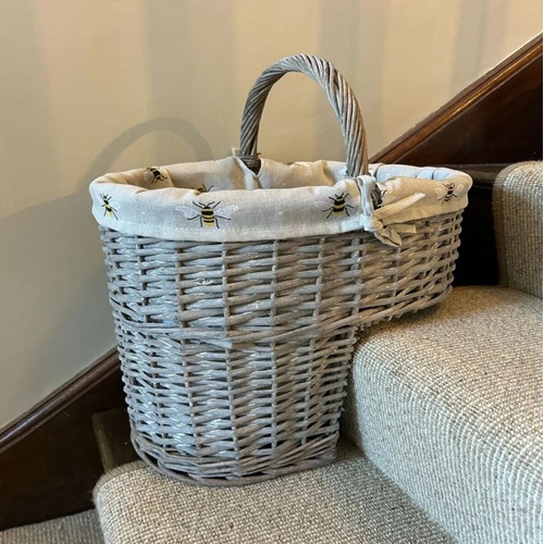 Grey Wicker Stair Basket with Bumblebee Liner – Staircase Storage Basket