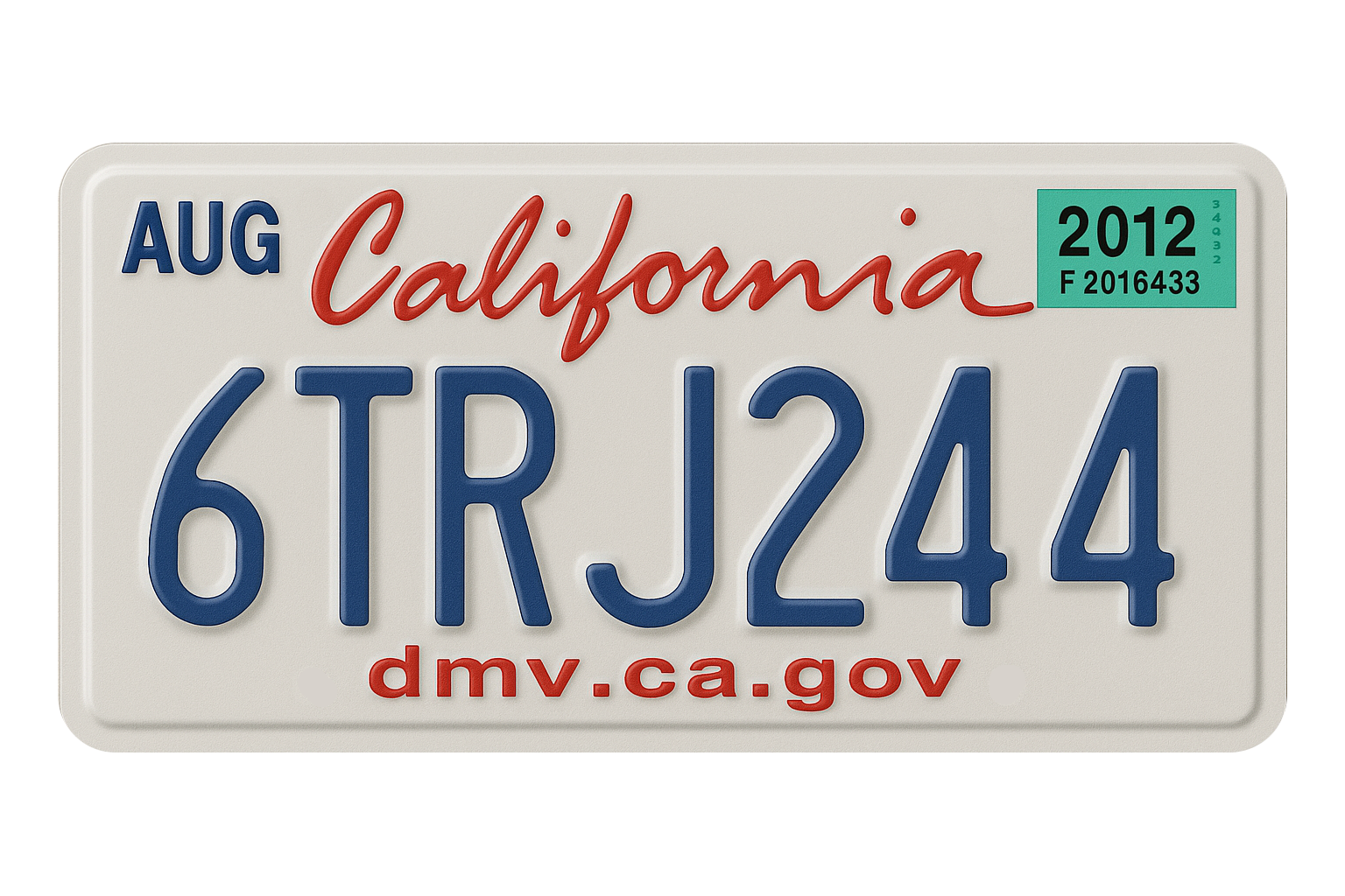 6TRJ244 California Replica USA License Number Plate Metal Aluminium