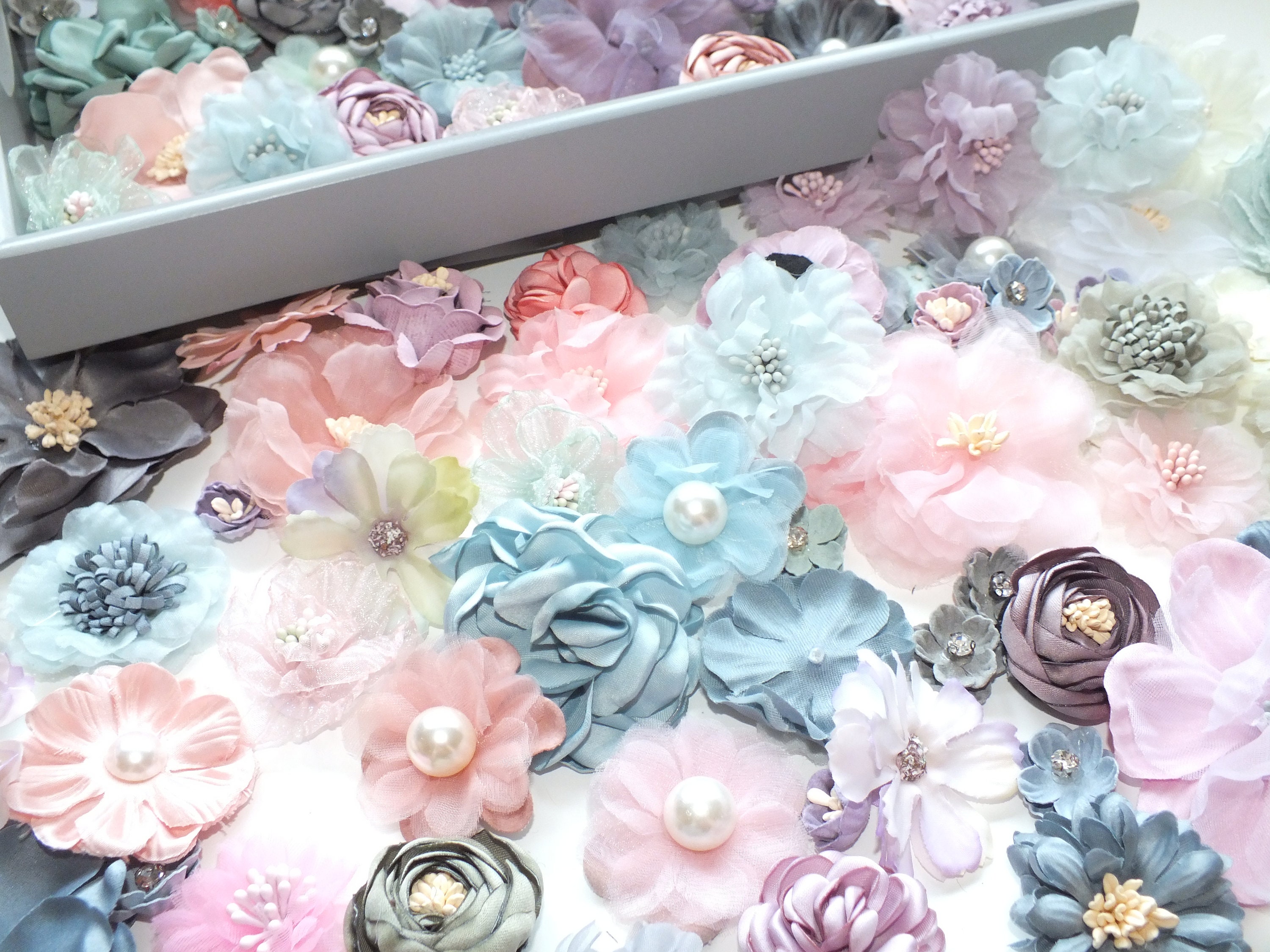 Mixed Assorted Colours Shabby Chic Pastel Faux Silk Satin Fabric Flowers for Craft Hair Bows 10 or 2