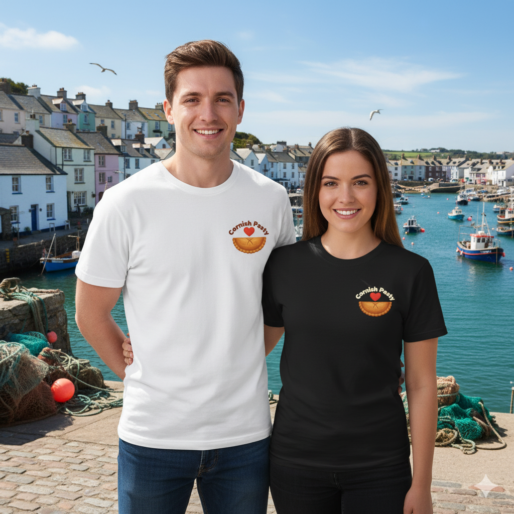 MAN AND WOMAN WEARING A WHITE AND BLACK T SHIRT WITH CORNISH PASTY AND RED HEART GRAPHIC