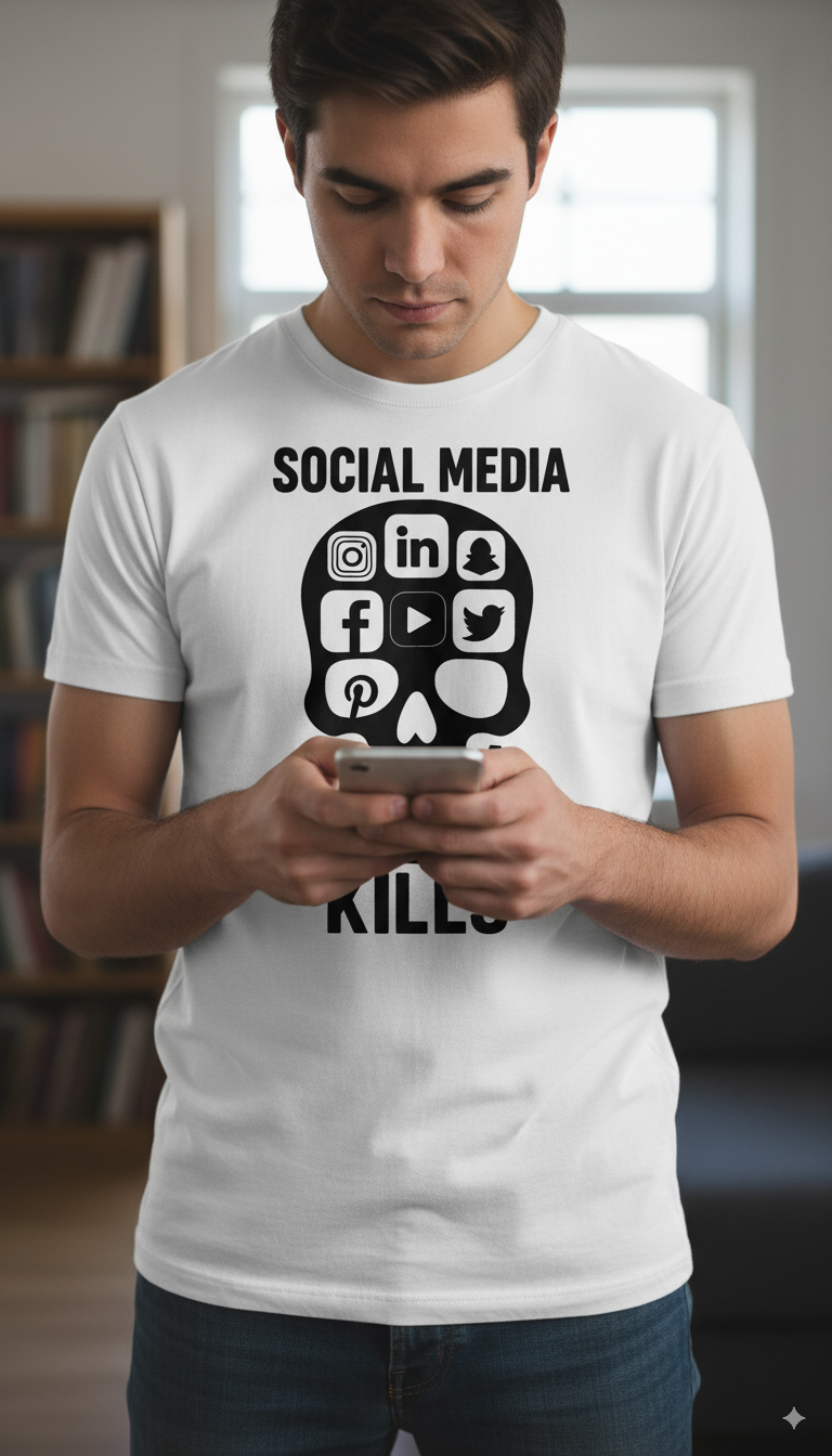 person wearing tshirt with a mobile phone