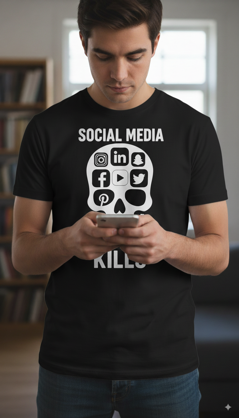 person wearing black t shirt on mobile phone 