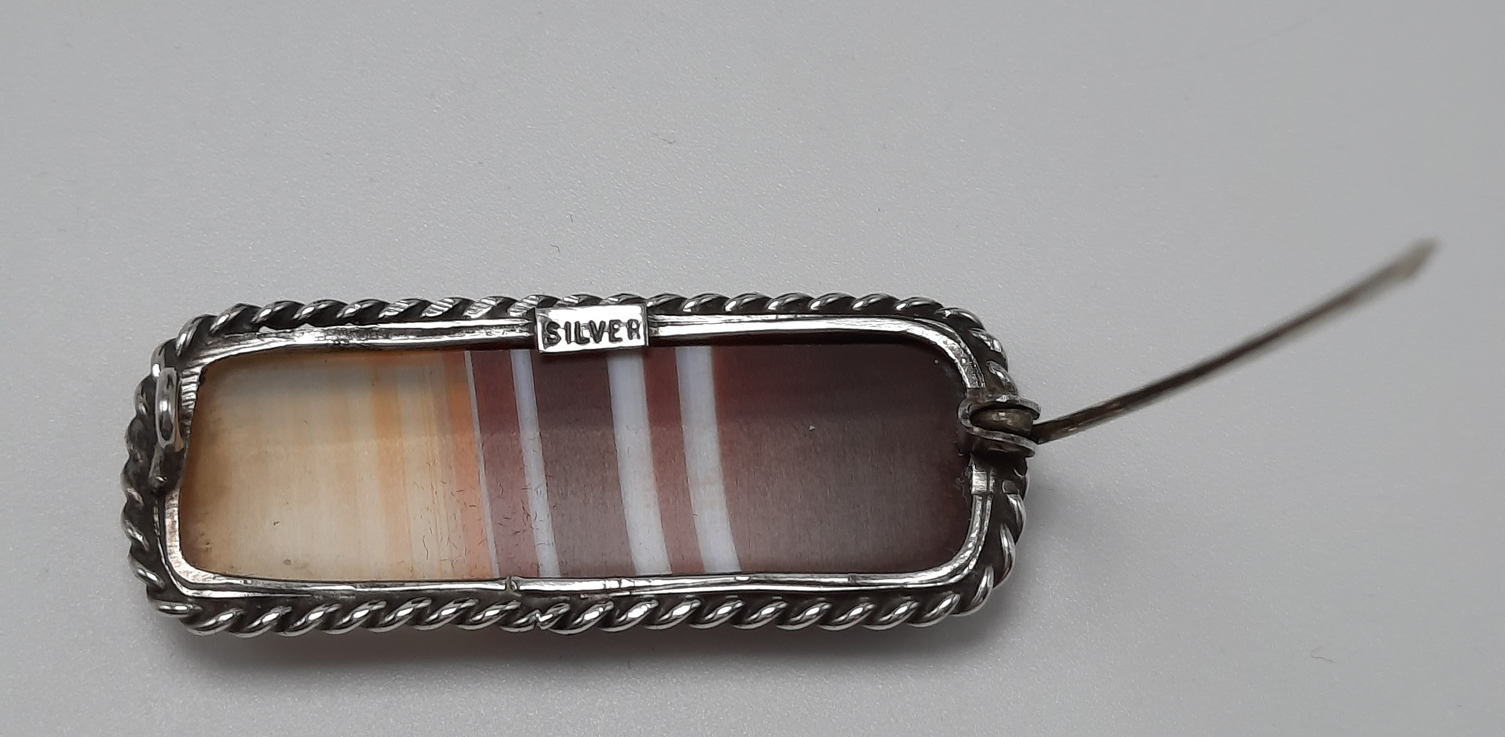 Banded Agate and Sterling Silver Vintage Brooch