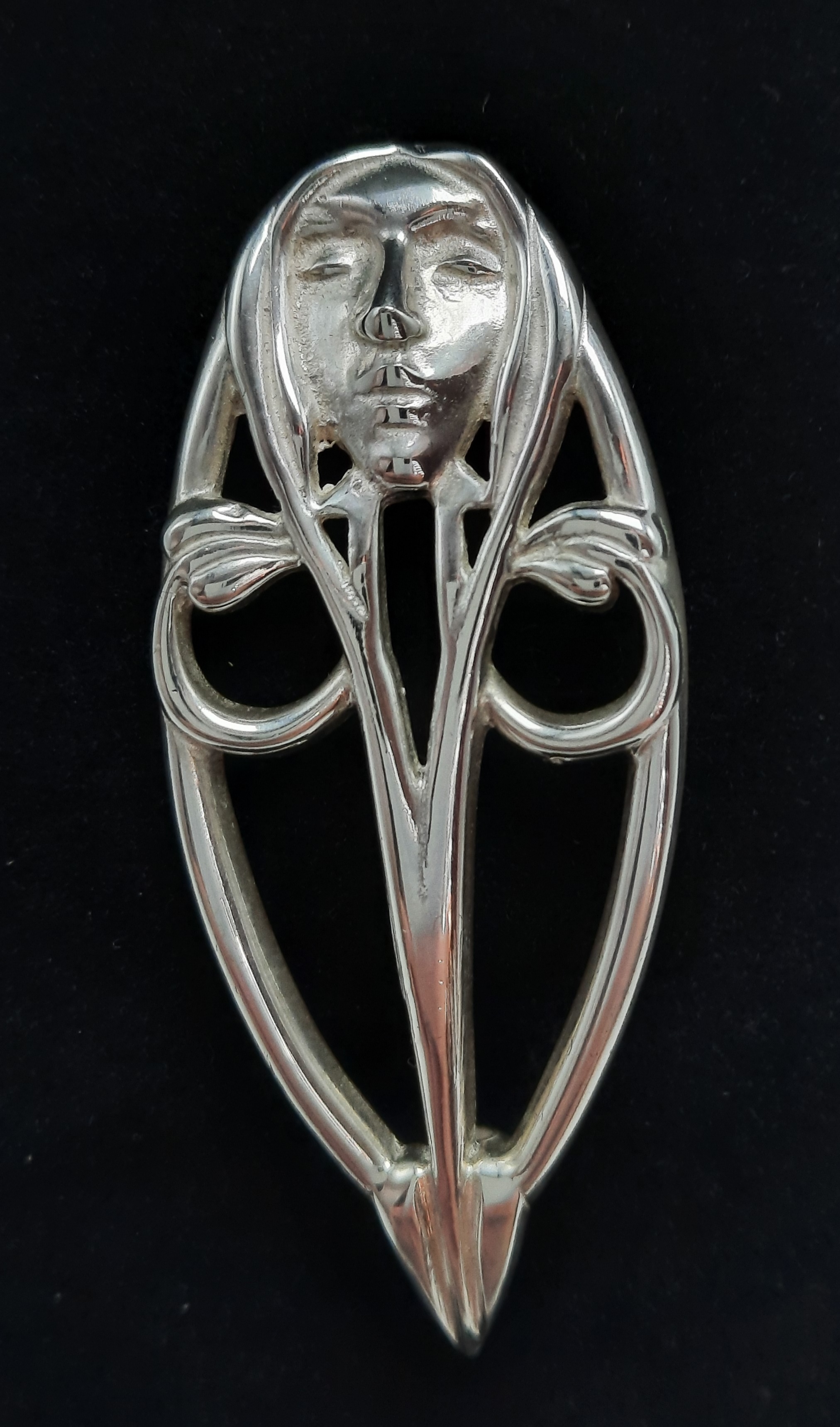 Stunning Sterling Silver Rennie Mackintosh Inspired Brooch with Art Nouveau Style Face