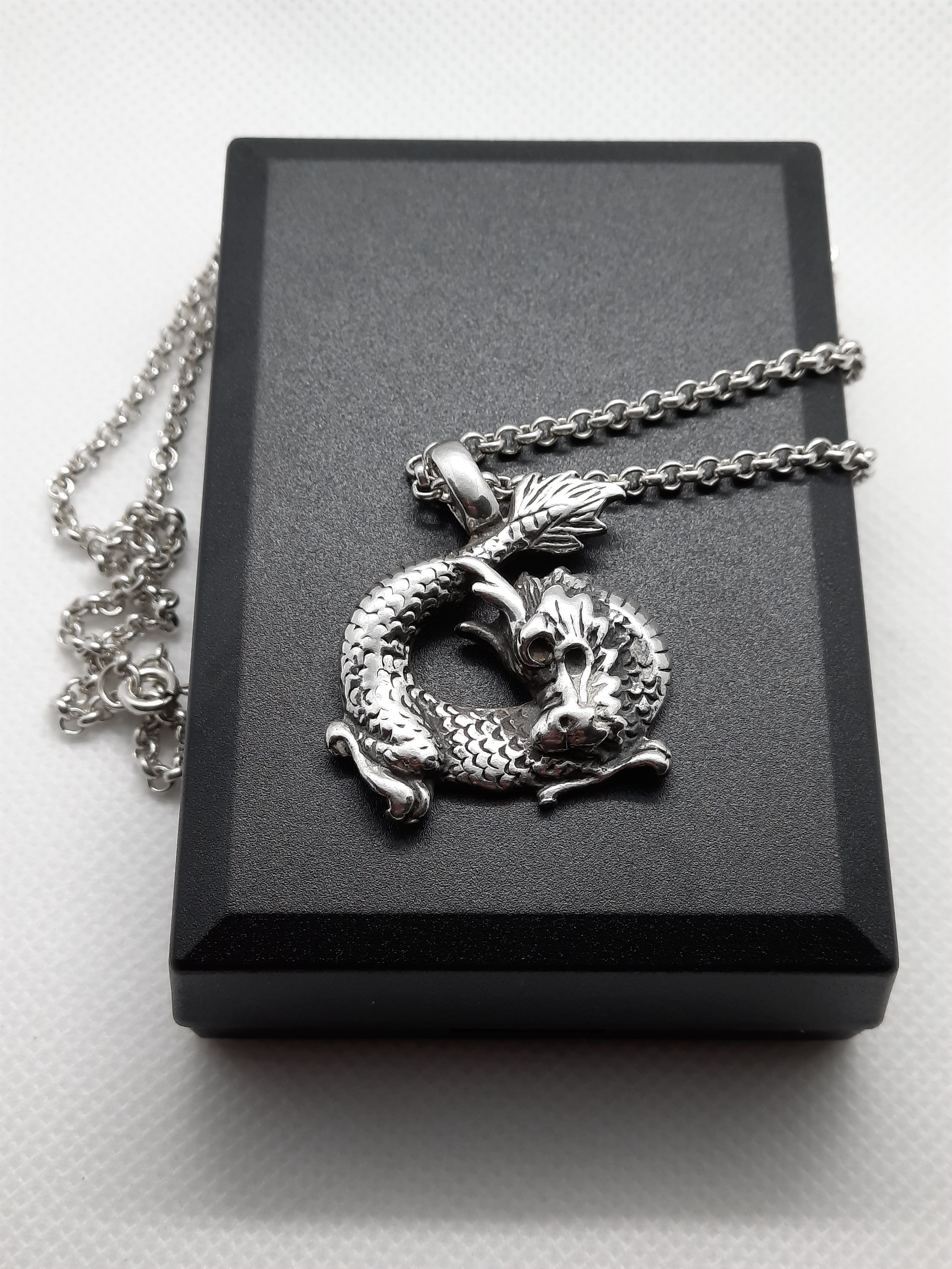 Heavy Sterling Silver Dragon Pendant and Belcher Chain