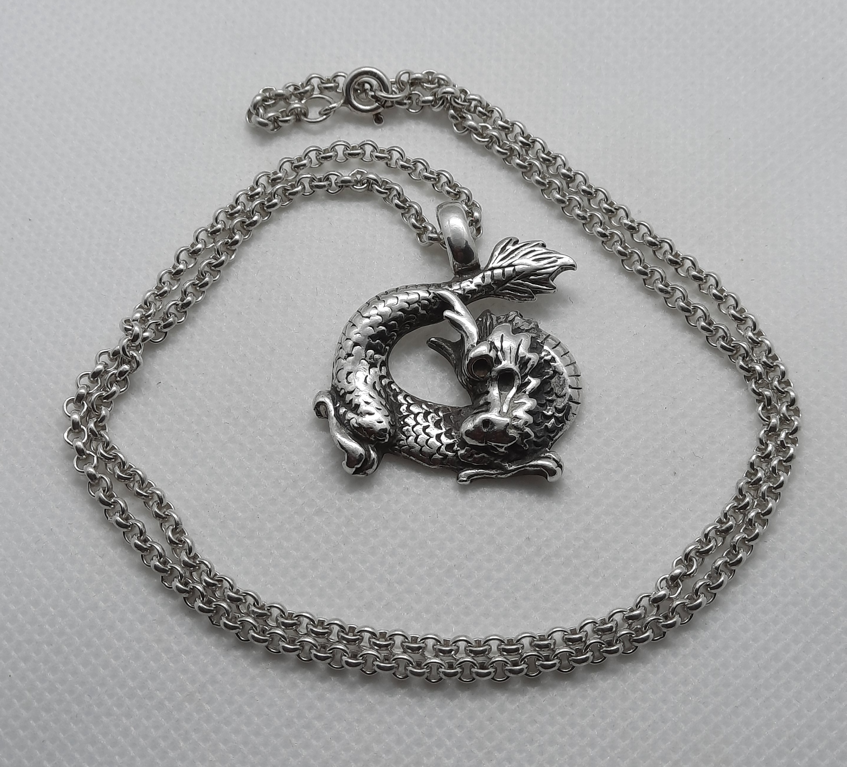 Heavy Sterling Silver Dragon Pendant and Belcher Chain