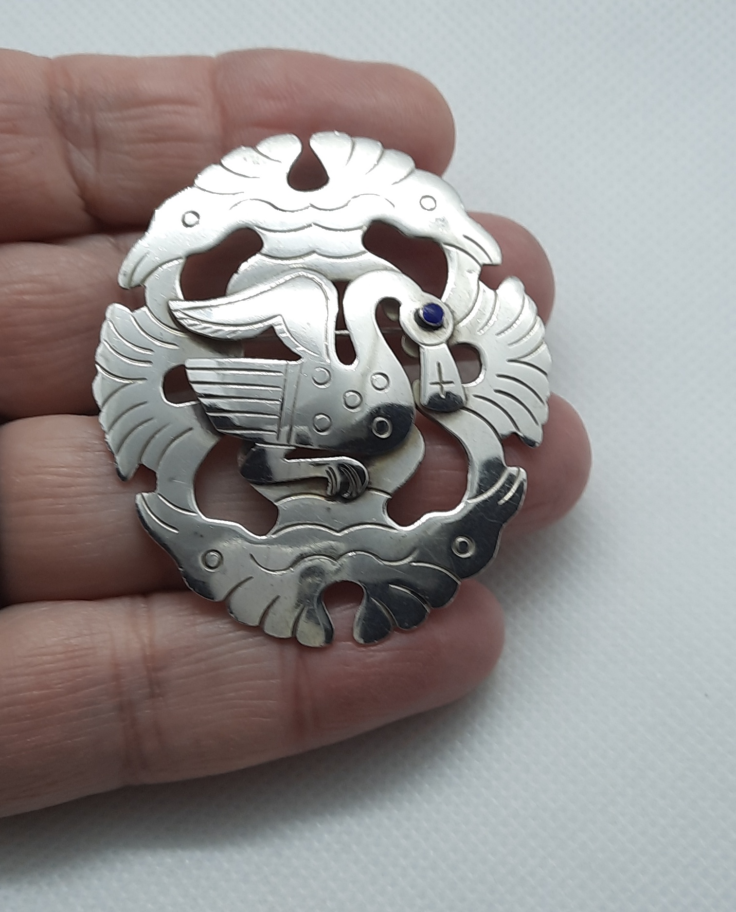 Peruvian Zoomorphic Design Large Brooch in Sterling Silver