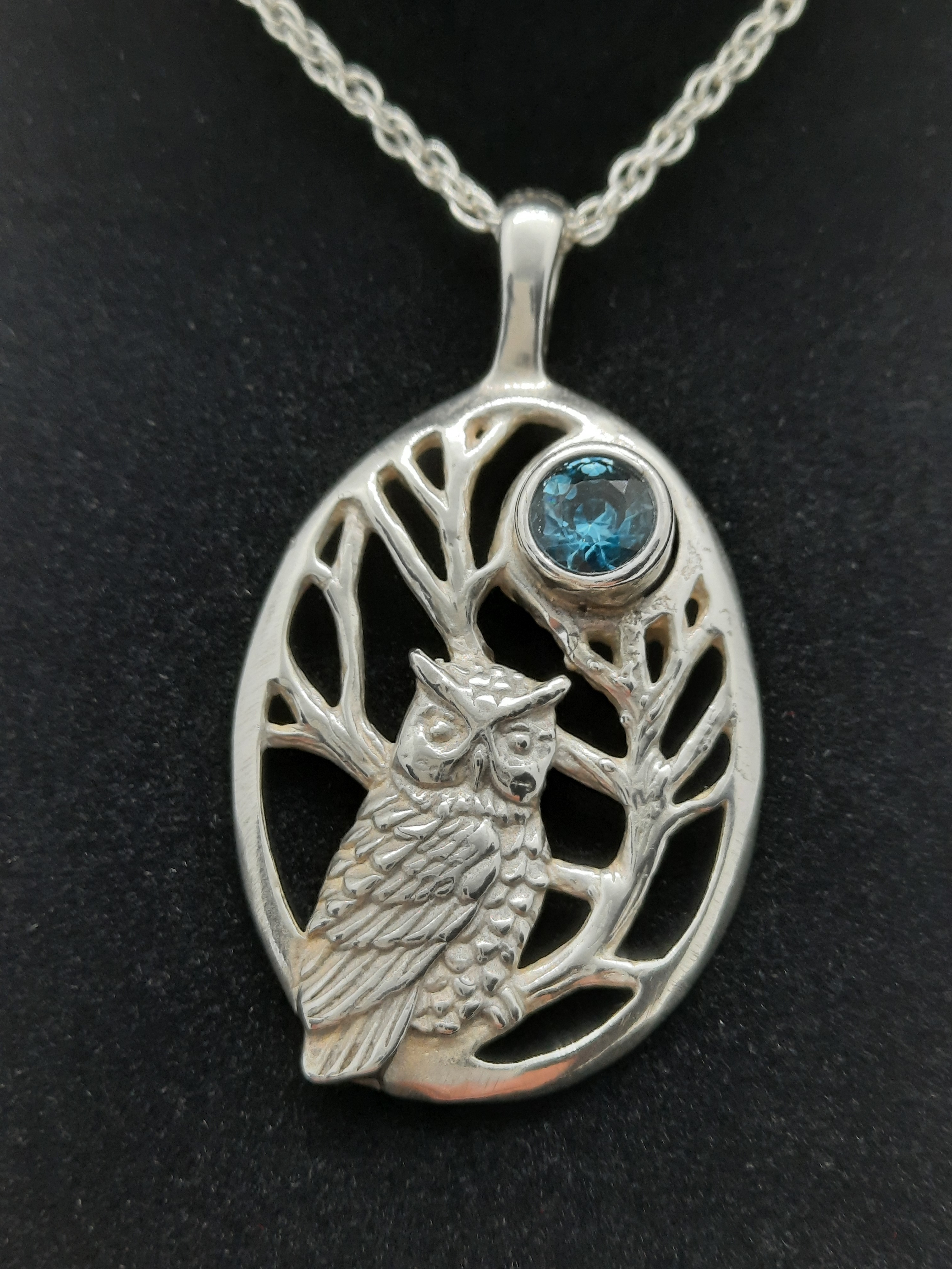 Sterling Silver Owl and Moon Pendant and Chain
