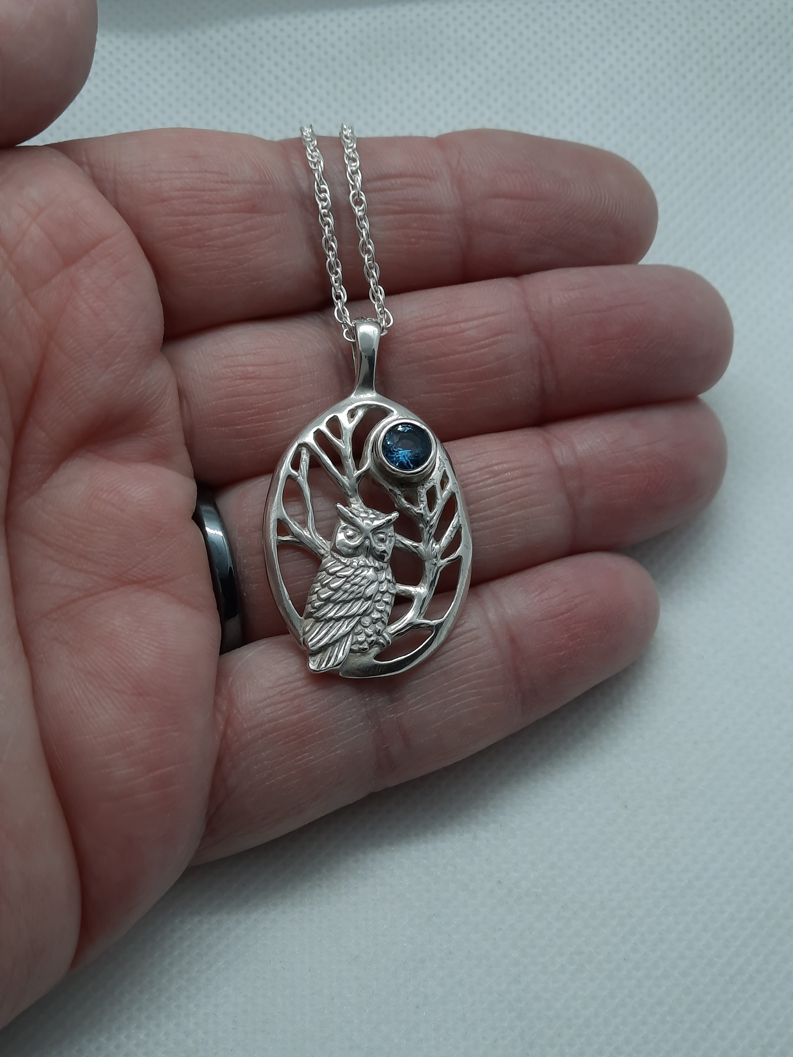 Sterling Silver Owl and Moon Pendant and Chain