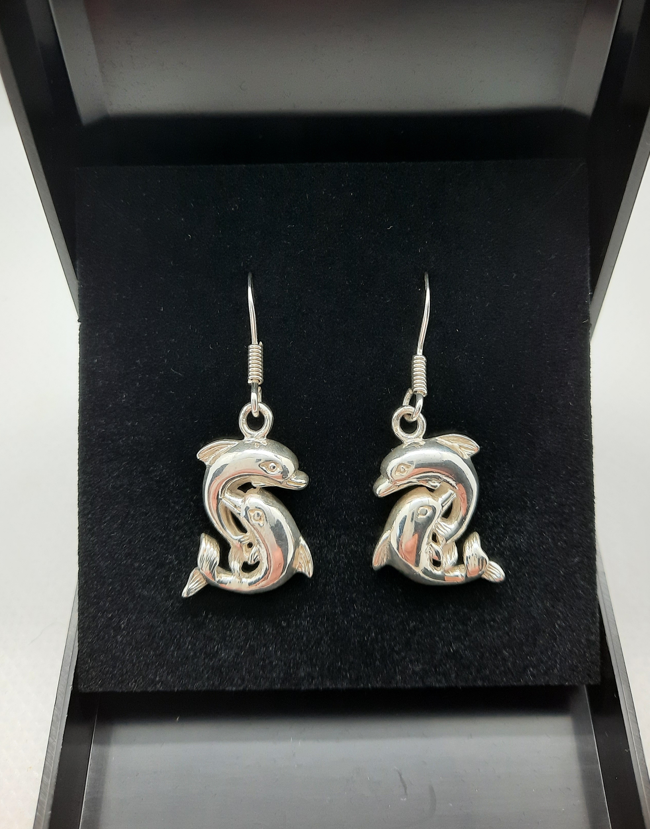 Pretty Pair of Sterling Silver Double Dolphin Drop Earrings