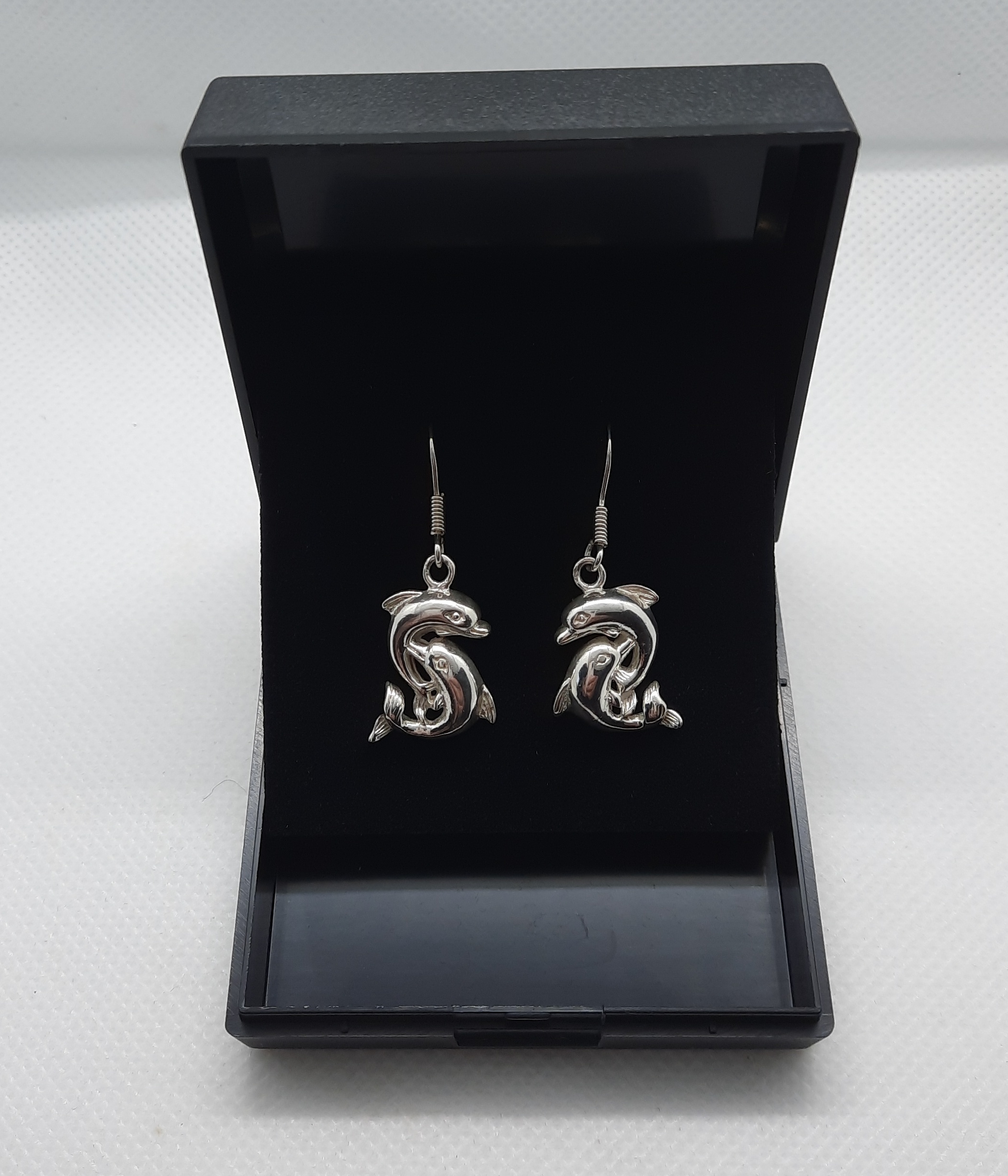 Pretty Pair of Sterling Silver Double Dolphin Drop Earrings