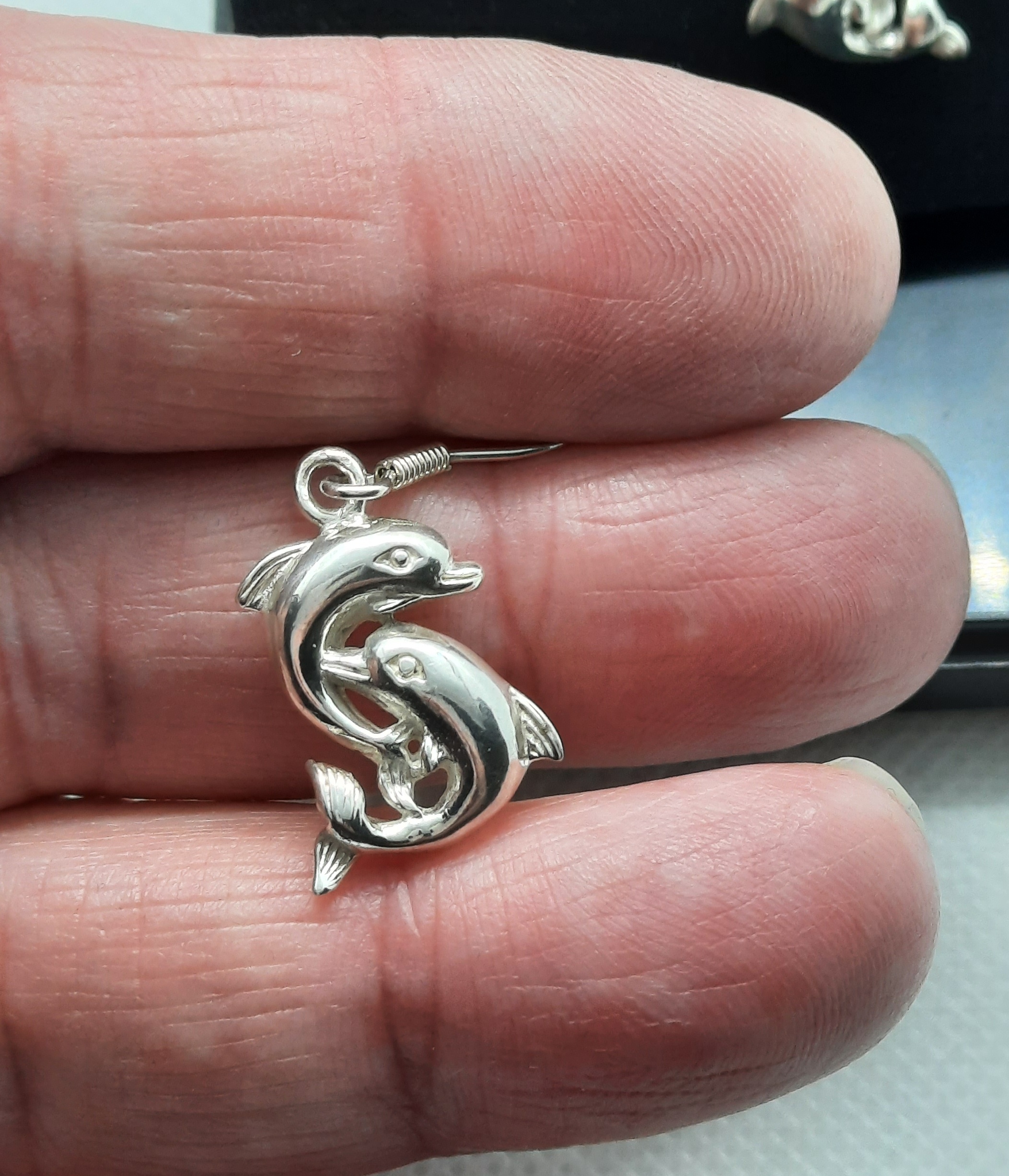 Pretty Pair of Sterling Silver Double Dolphin Drop Earrings