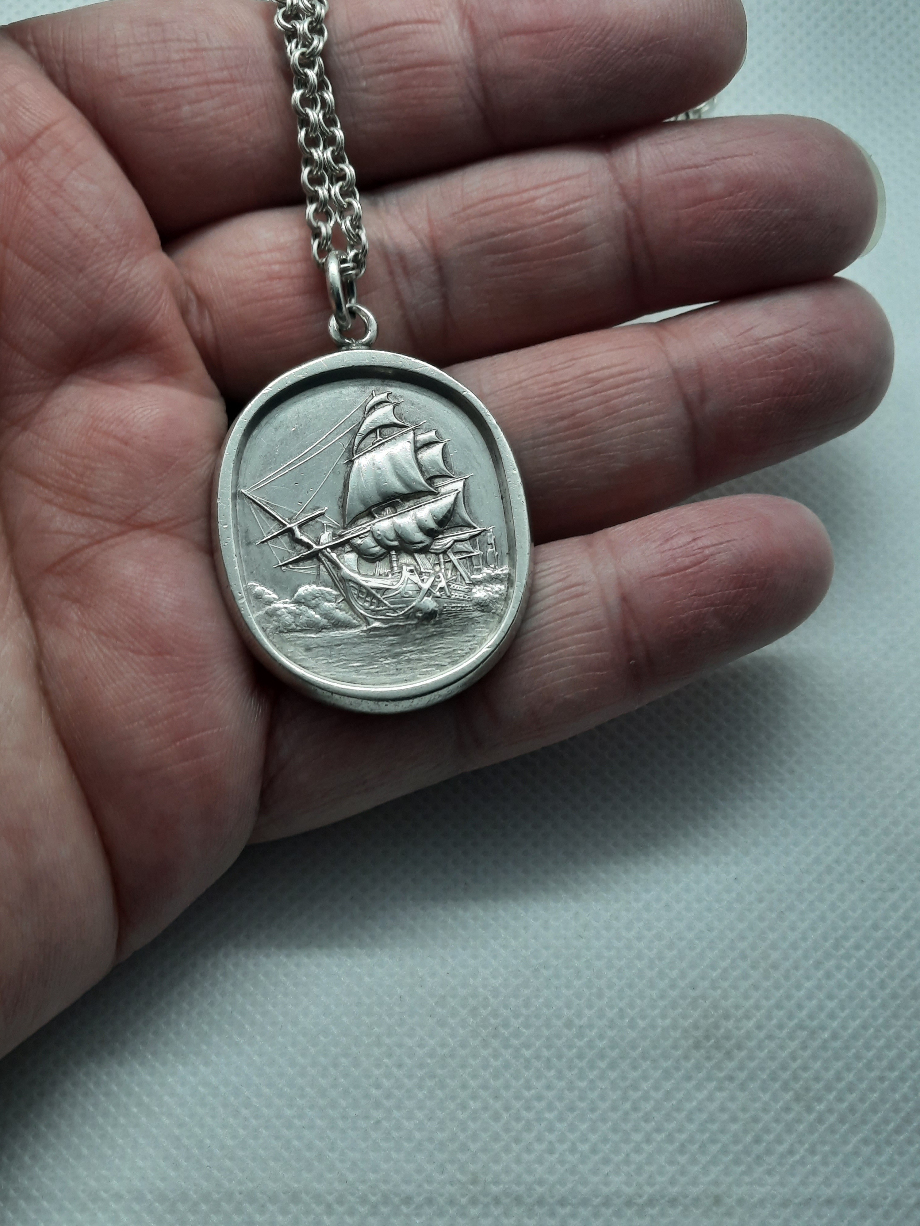 Solid Vintage Sterling Silver 'HMS Victory' Pendant and Chain