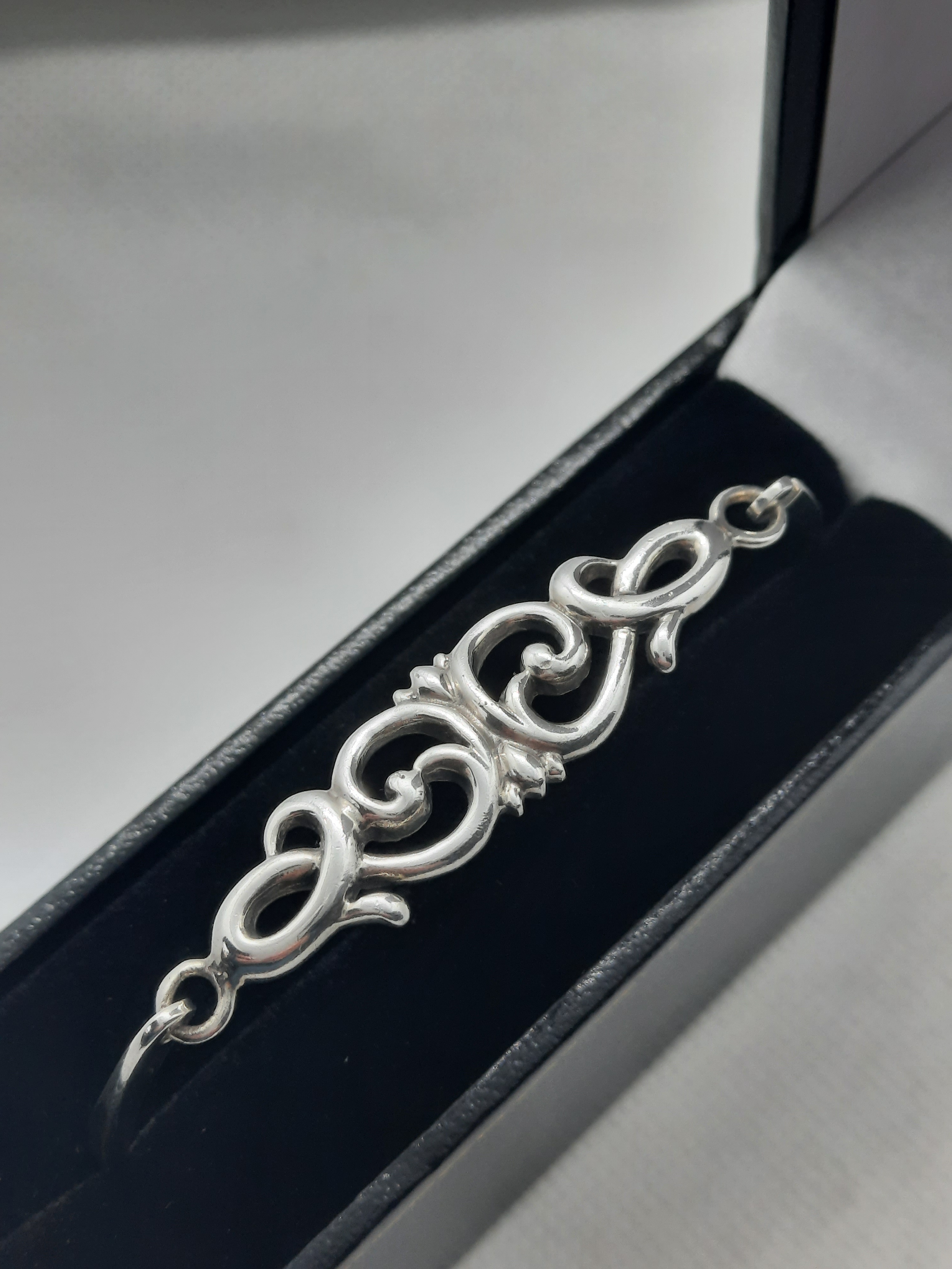 Ornate Scroll Design Clip Bangle in Sterling Silver in Box