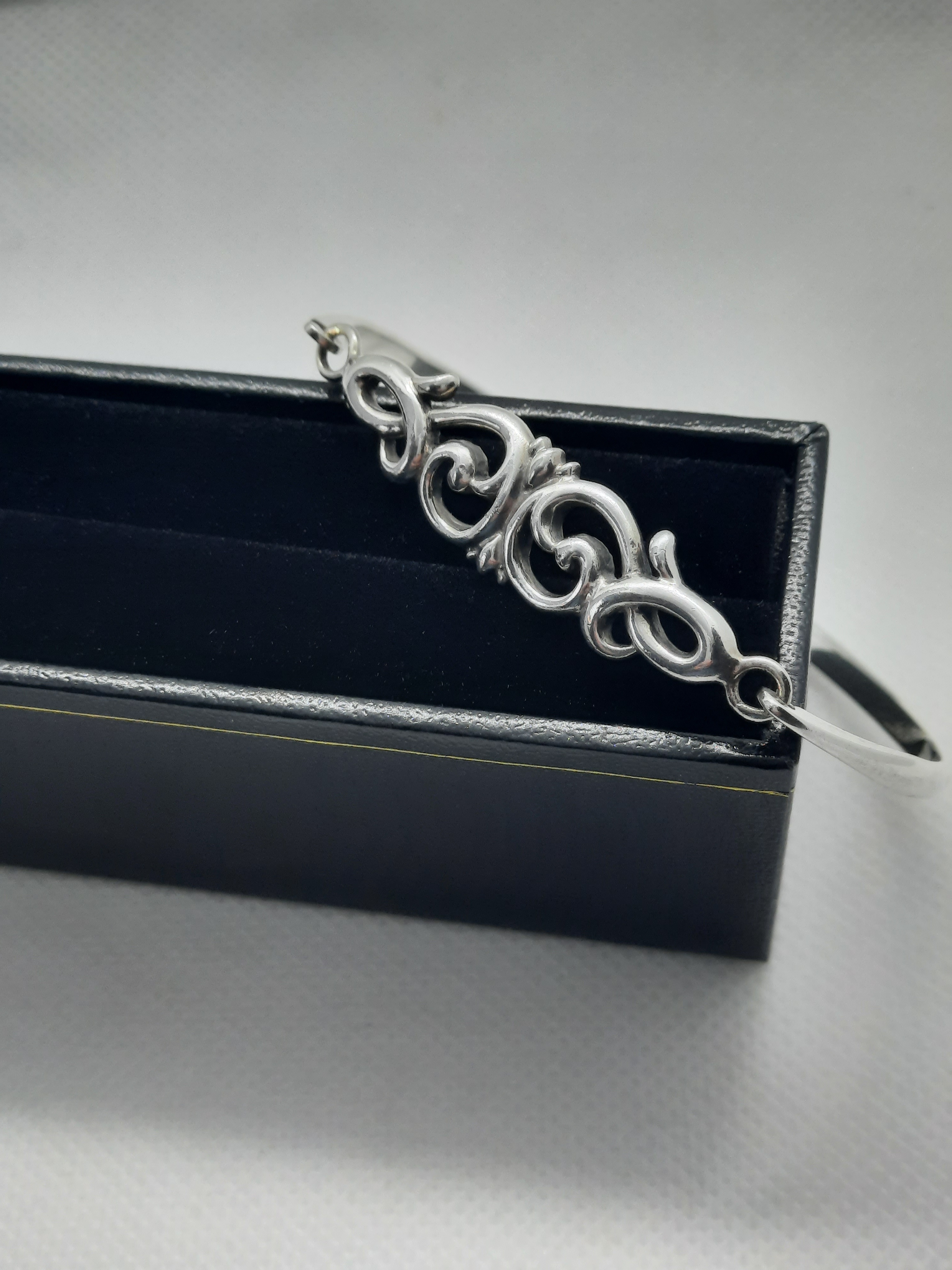 Ornate Scroll Design Clip Bangle in Sterling Silver in Box