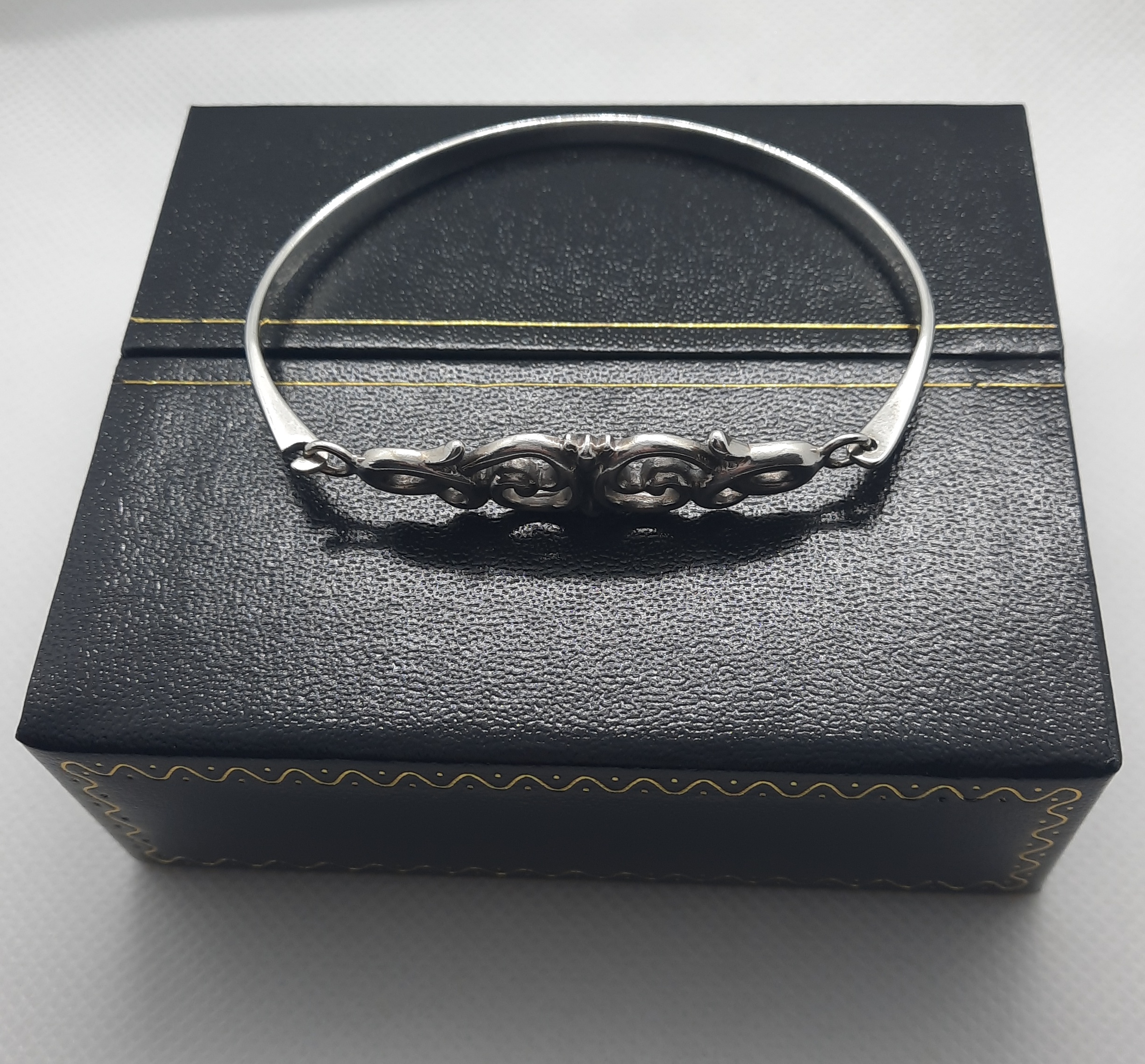 Ornate Scroll Design Clip Bangle in Sterling Silver in Box
