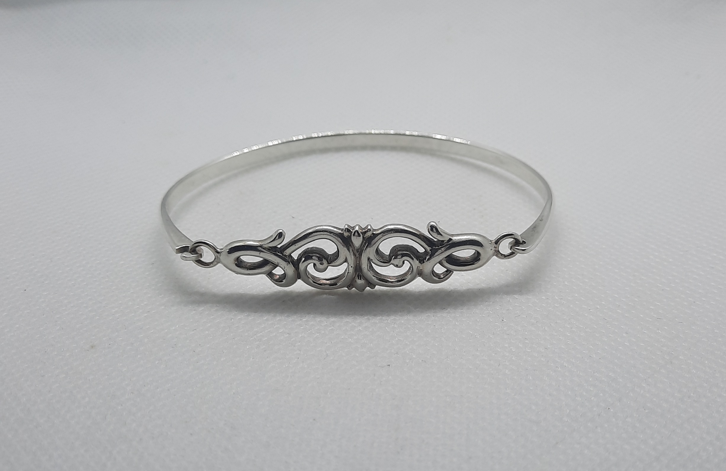 Ornate Scroll Design Clip Bangle in Sterling Silver in Box