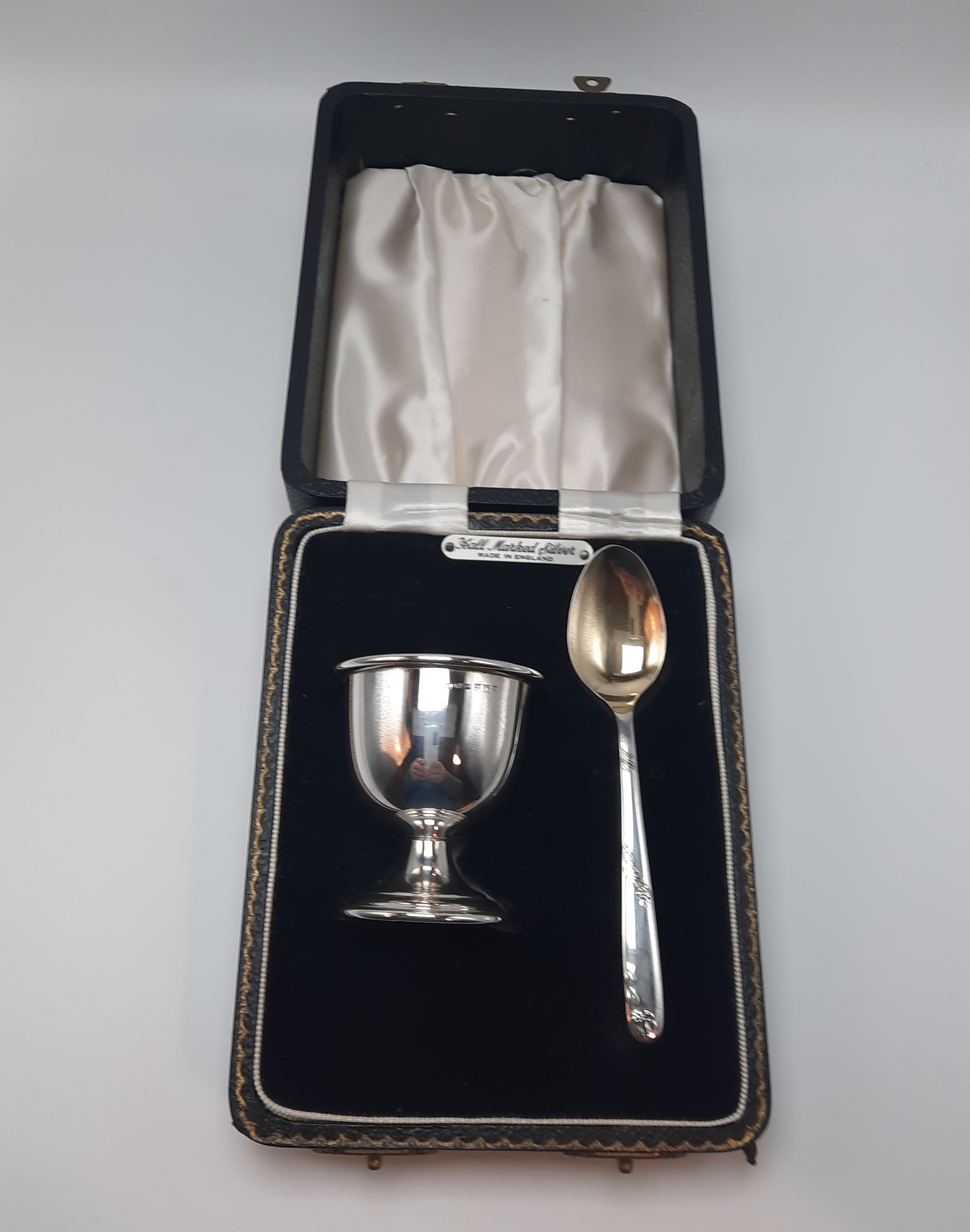 Sterling Silver Vintage Christening Set of Egg Cup and Spoon in Original Case