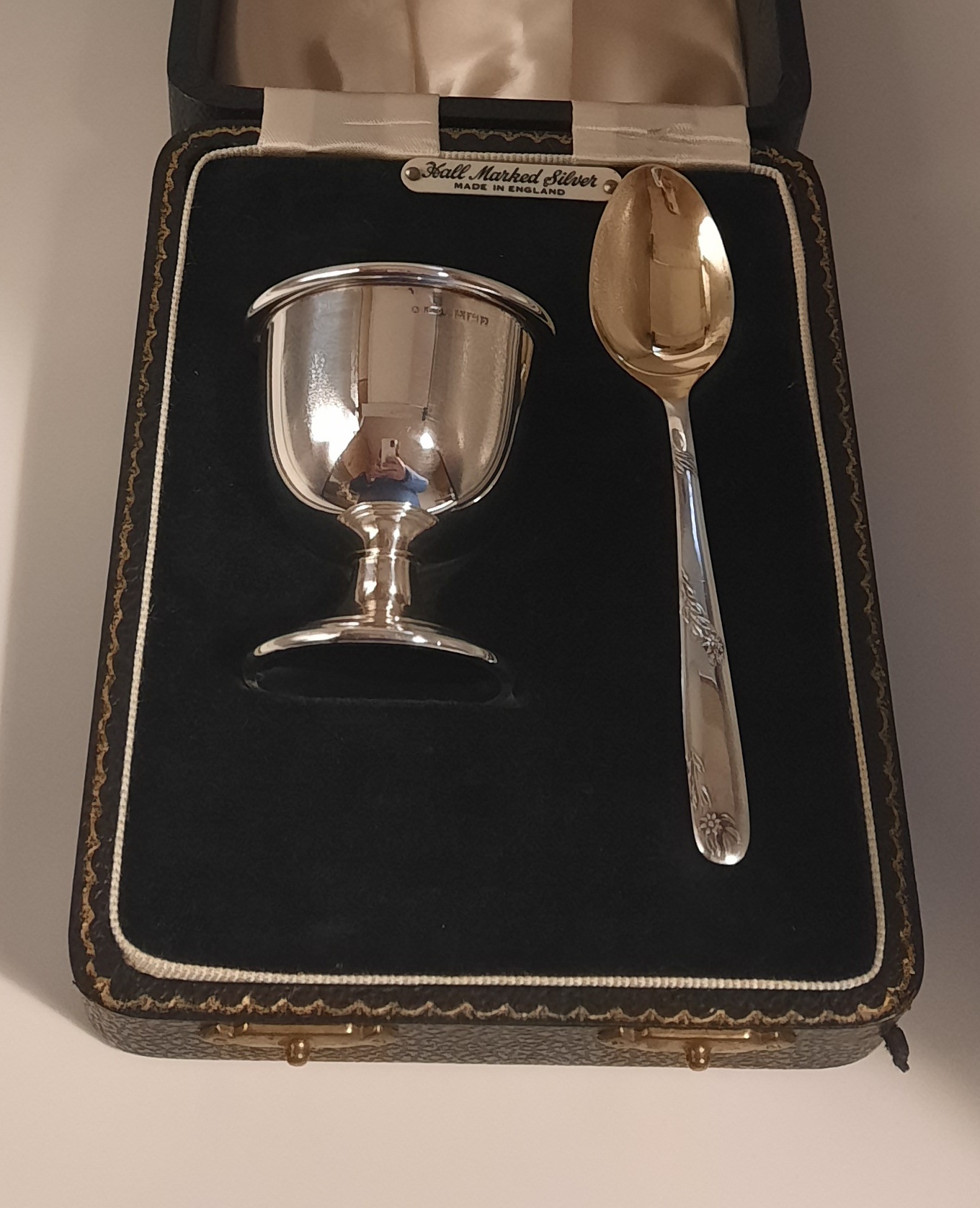 Sterling Silver Vintage Christening Set of Egg Cup and Spoon in Original Case