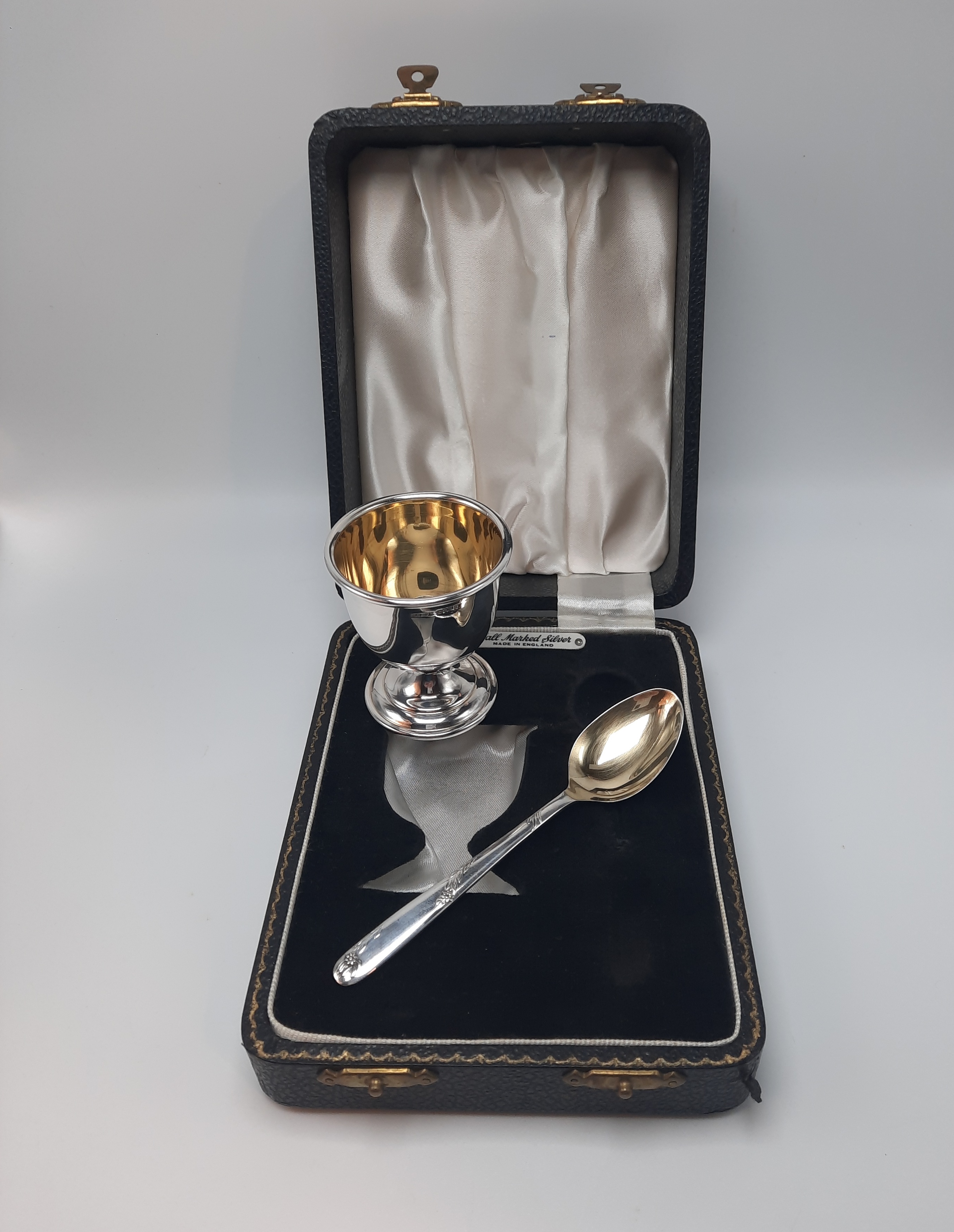 Sterling Silver Vintage Christening Set of Egg Cup and Spoon in Original Case