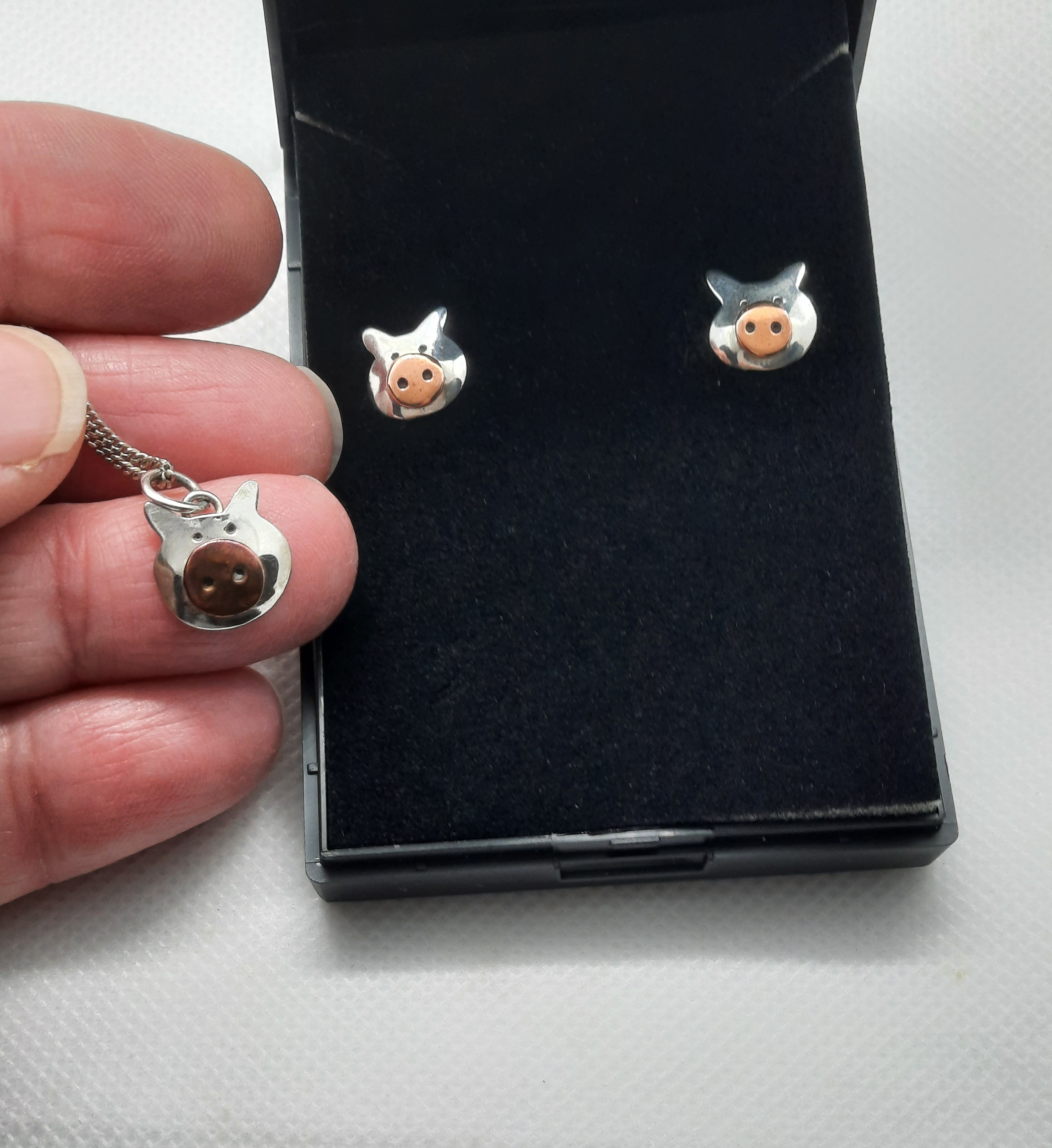 Sterling Silver Piggy Pendant and Earring Set with Copper Snouts