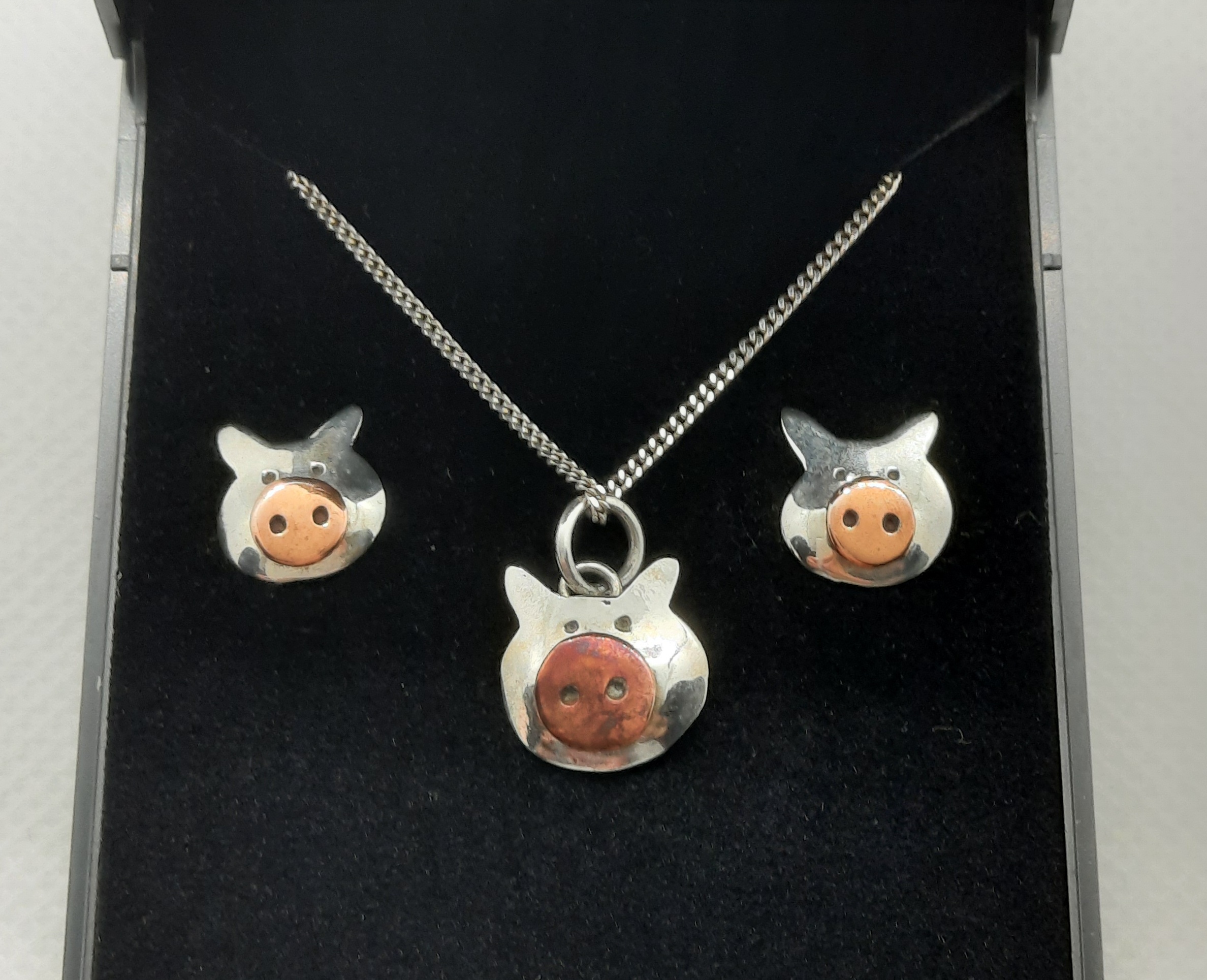 Sterling Silver Piggy Pendant and Earring Set with Copper Snouts