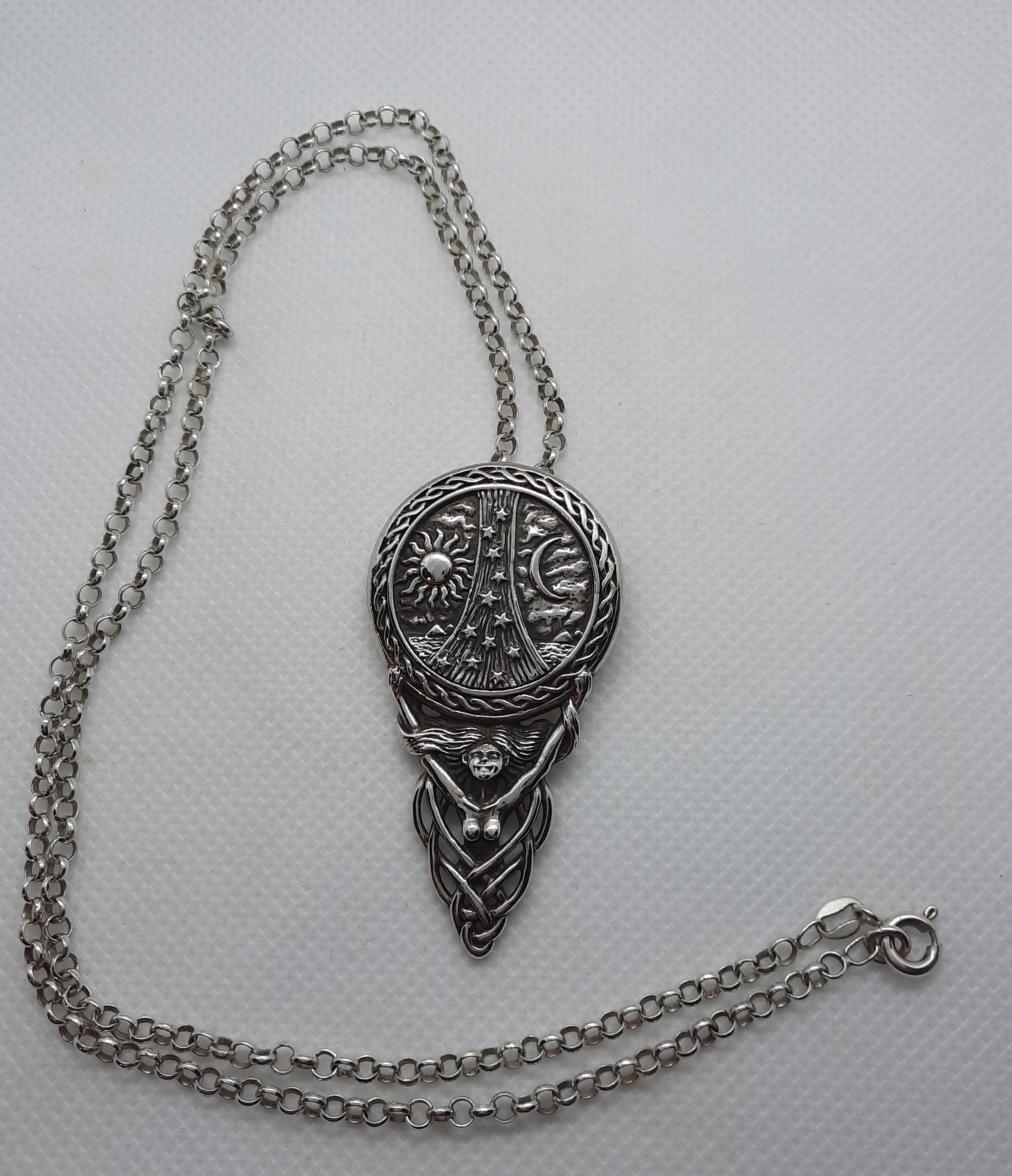 Large Sterling Silver Pagan Goddess Pendant and Belcher Chain