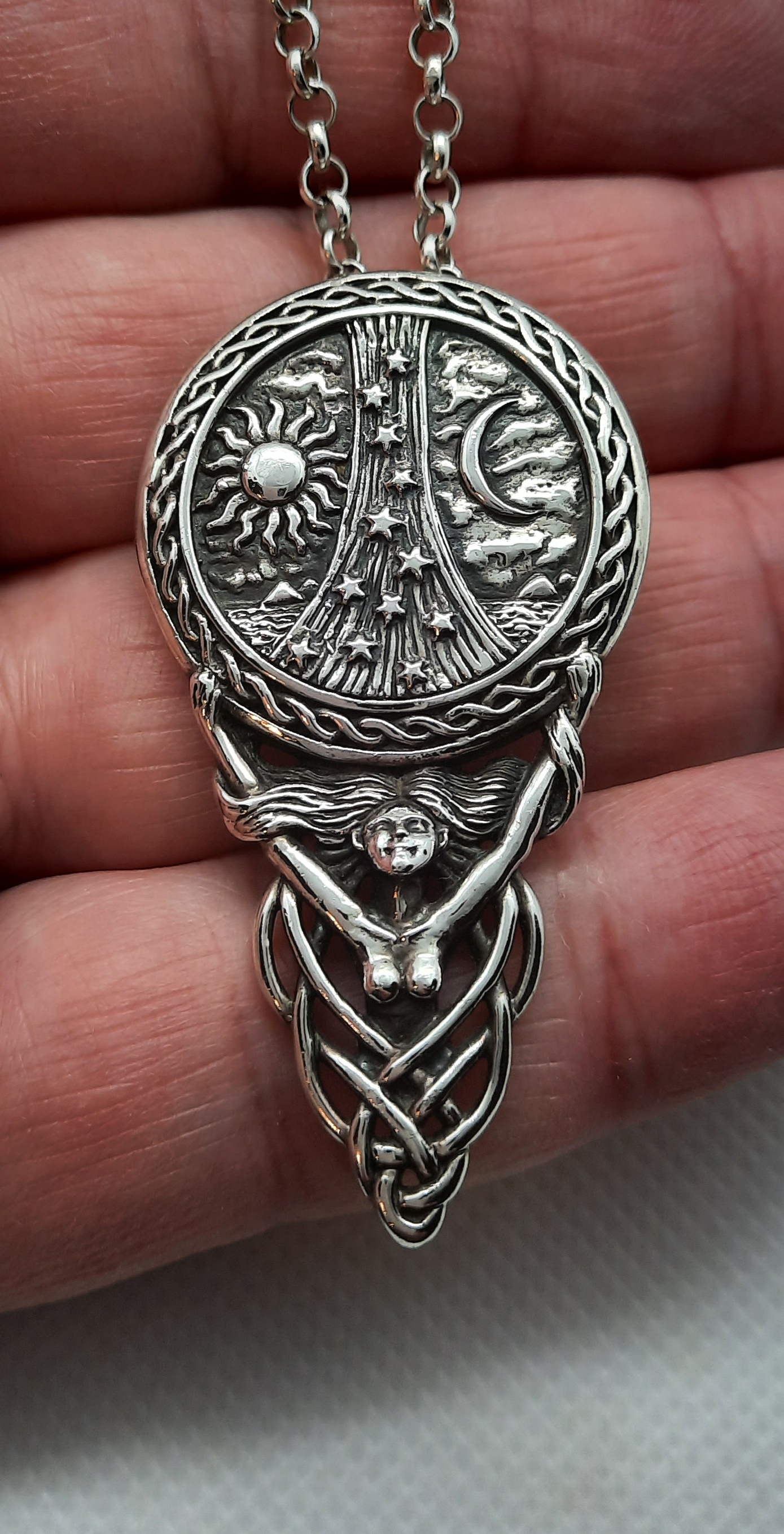 Large Sterling Silver Pagan Goddess Pendant and Belcher Chain