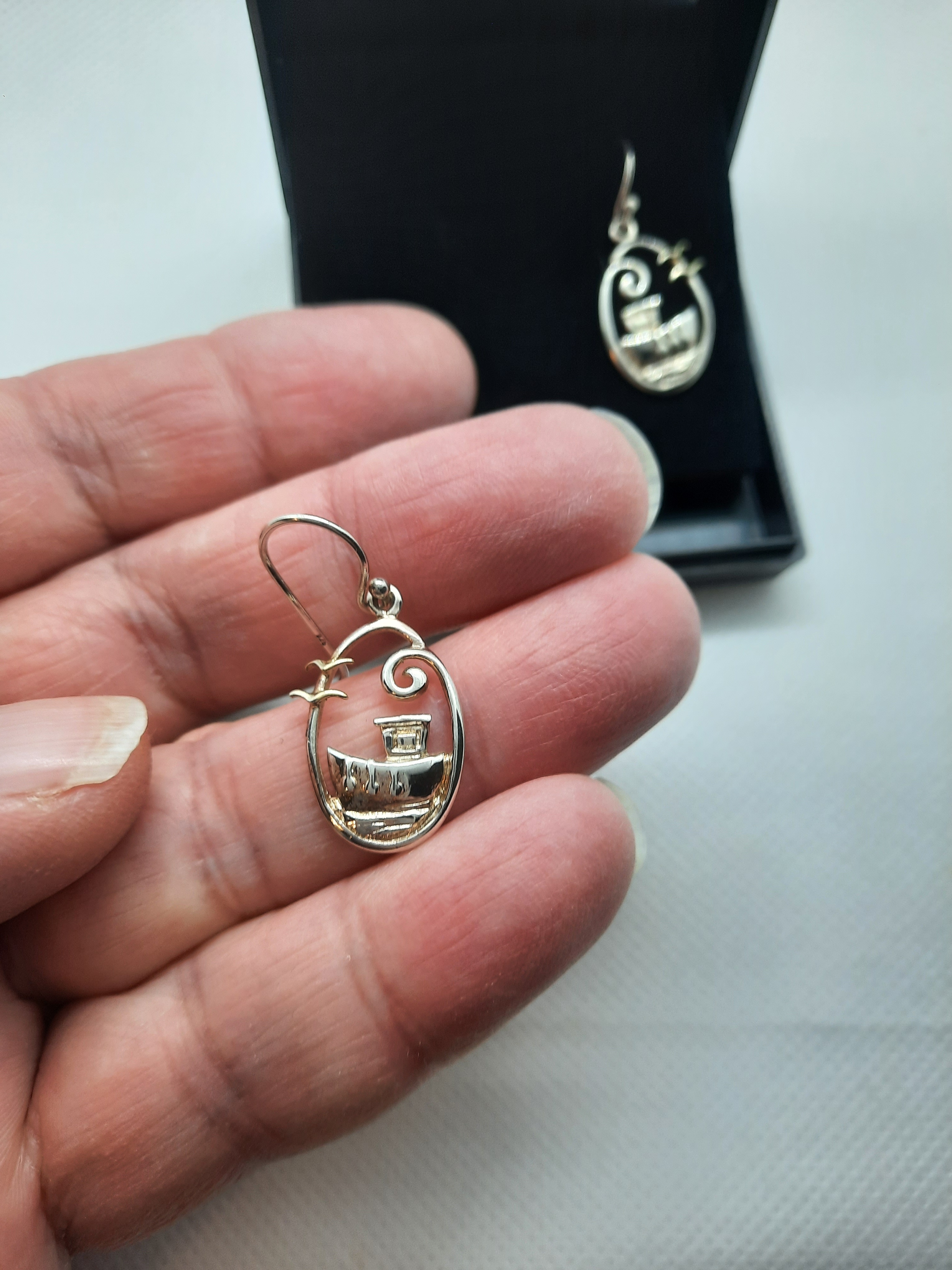 Quirky Sterling Silver Fishing Boat Drop Earrings