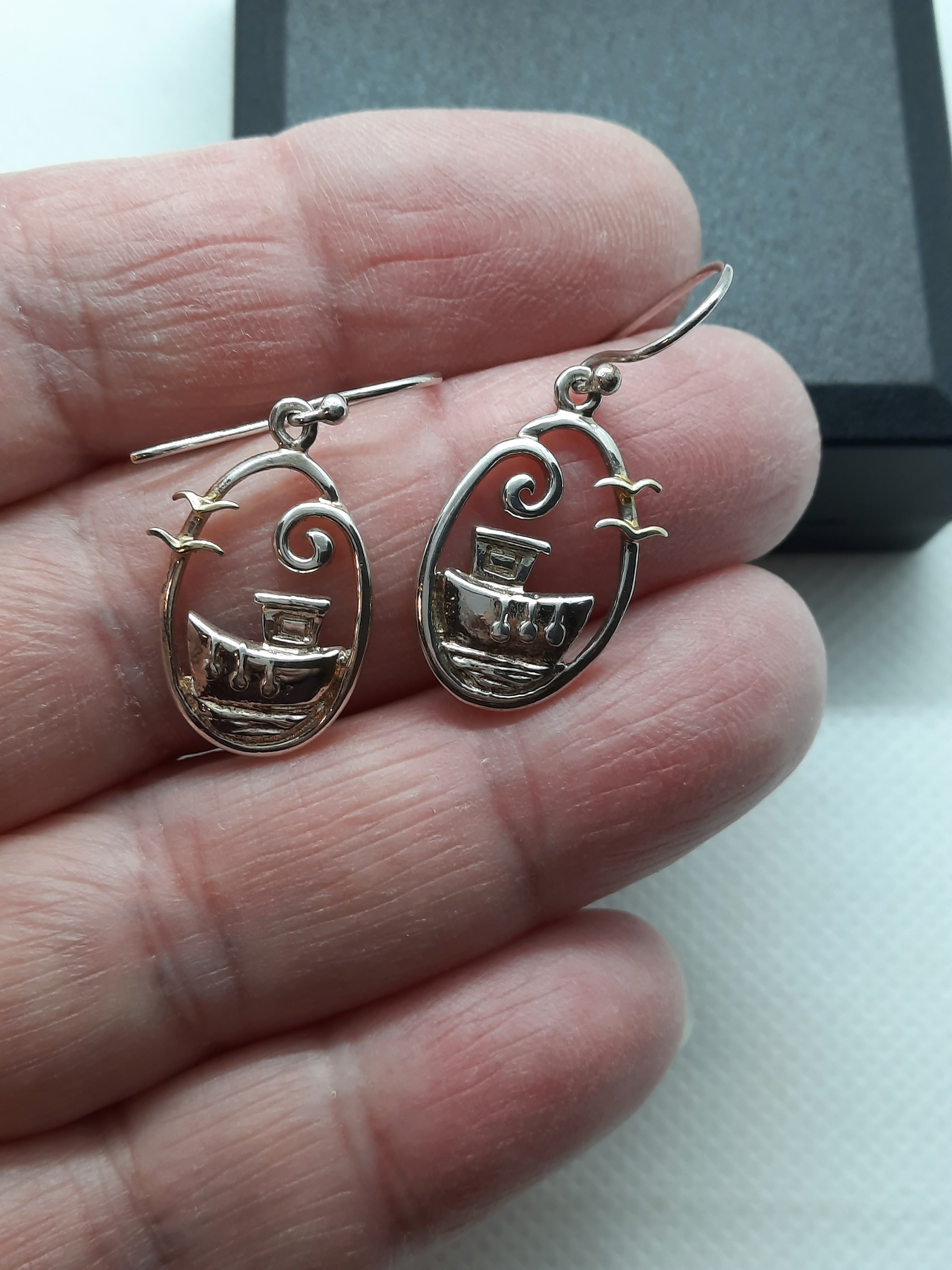Quirky Sterling Silver Fishing Boat Drop Earrings