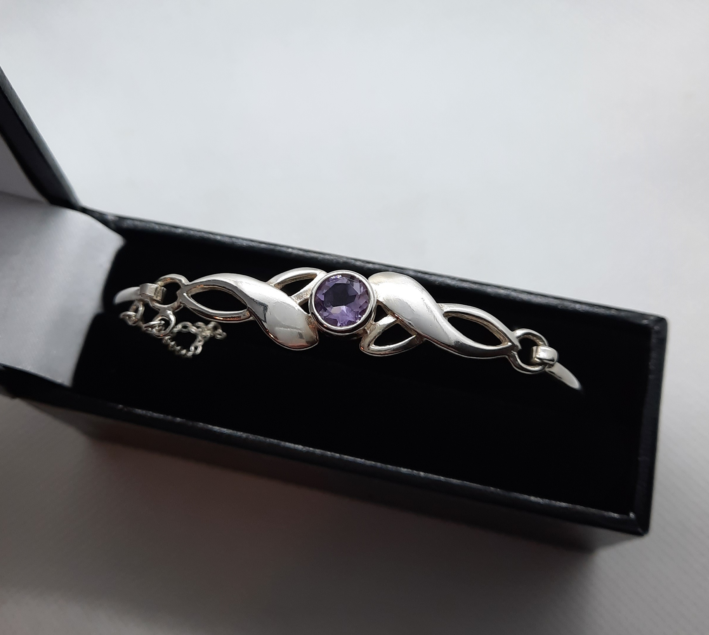 Sterling Silver Amethyst Set Bangle with Safety Chain - Boxed