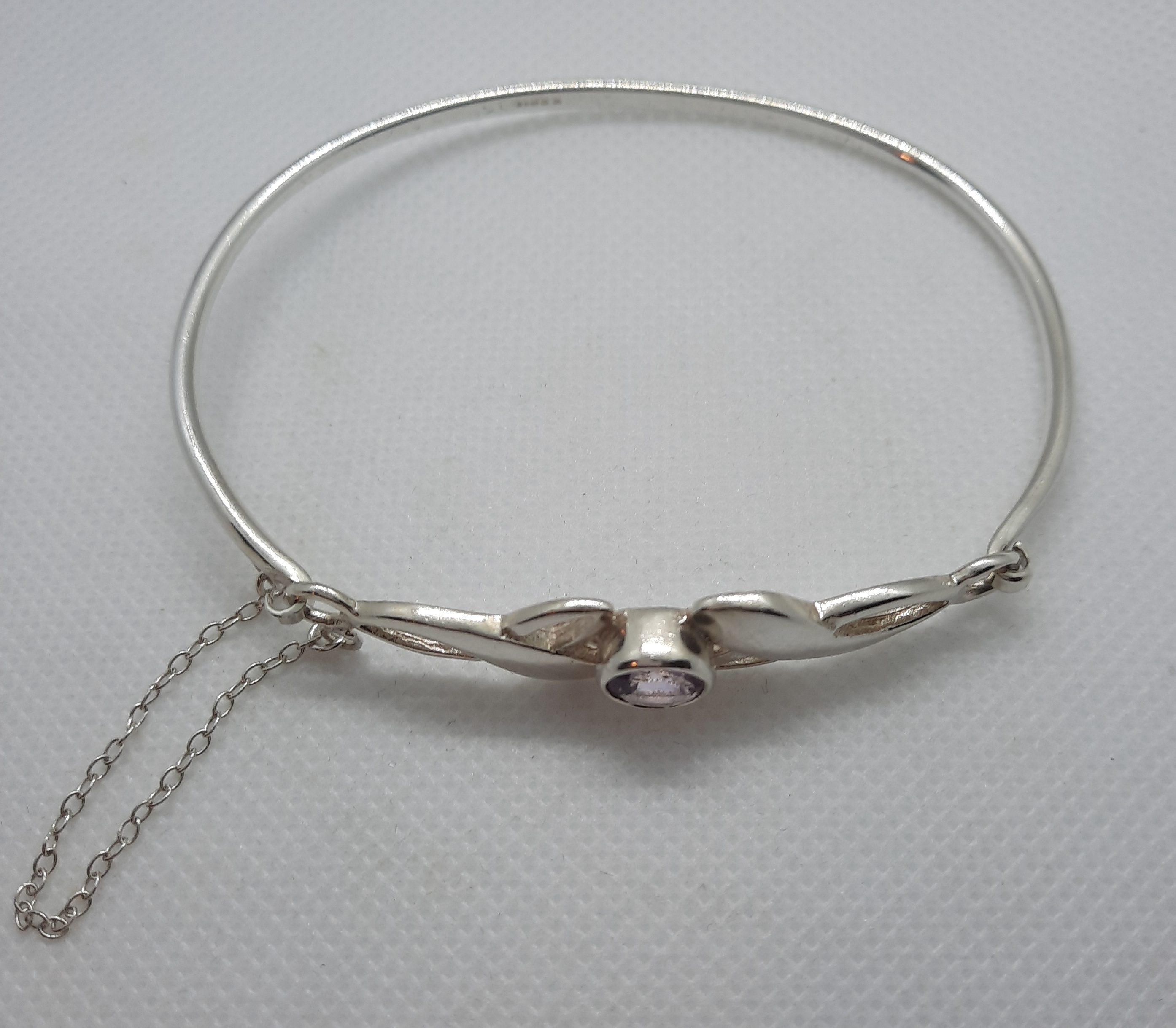 Sterling Silver Amethyst Set Bangle with Safety Chain - Boxed