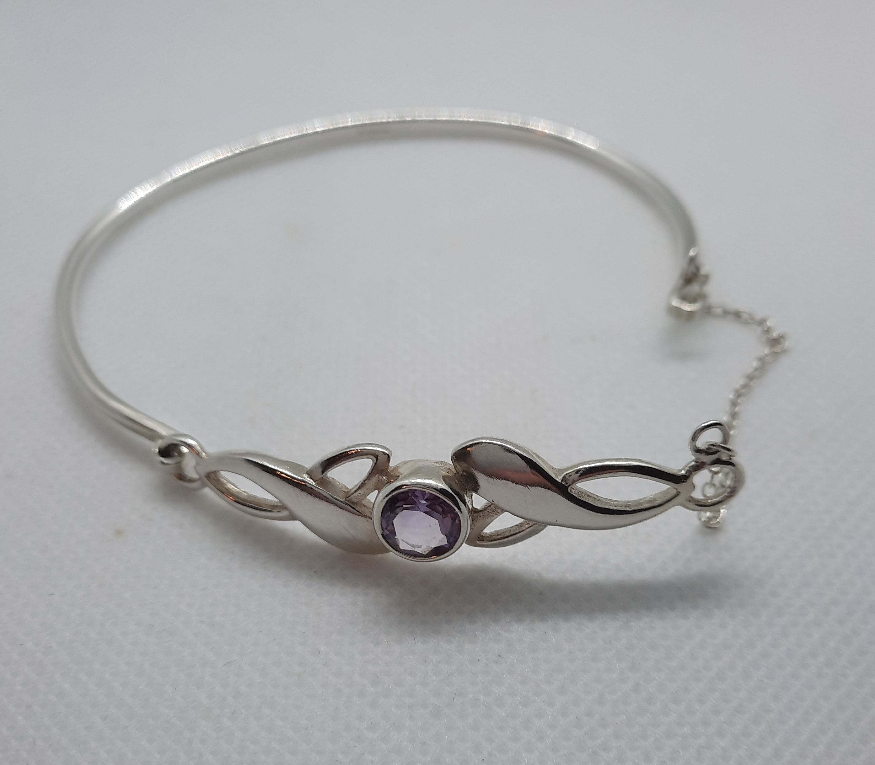 Sterling Silver Amethyst Set Bangle with Safety Chain - Boxed