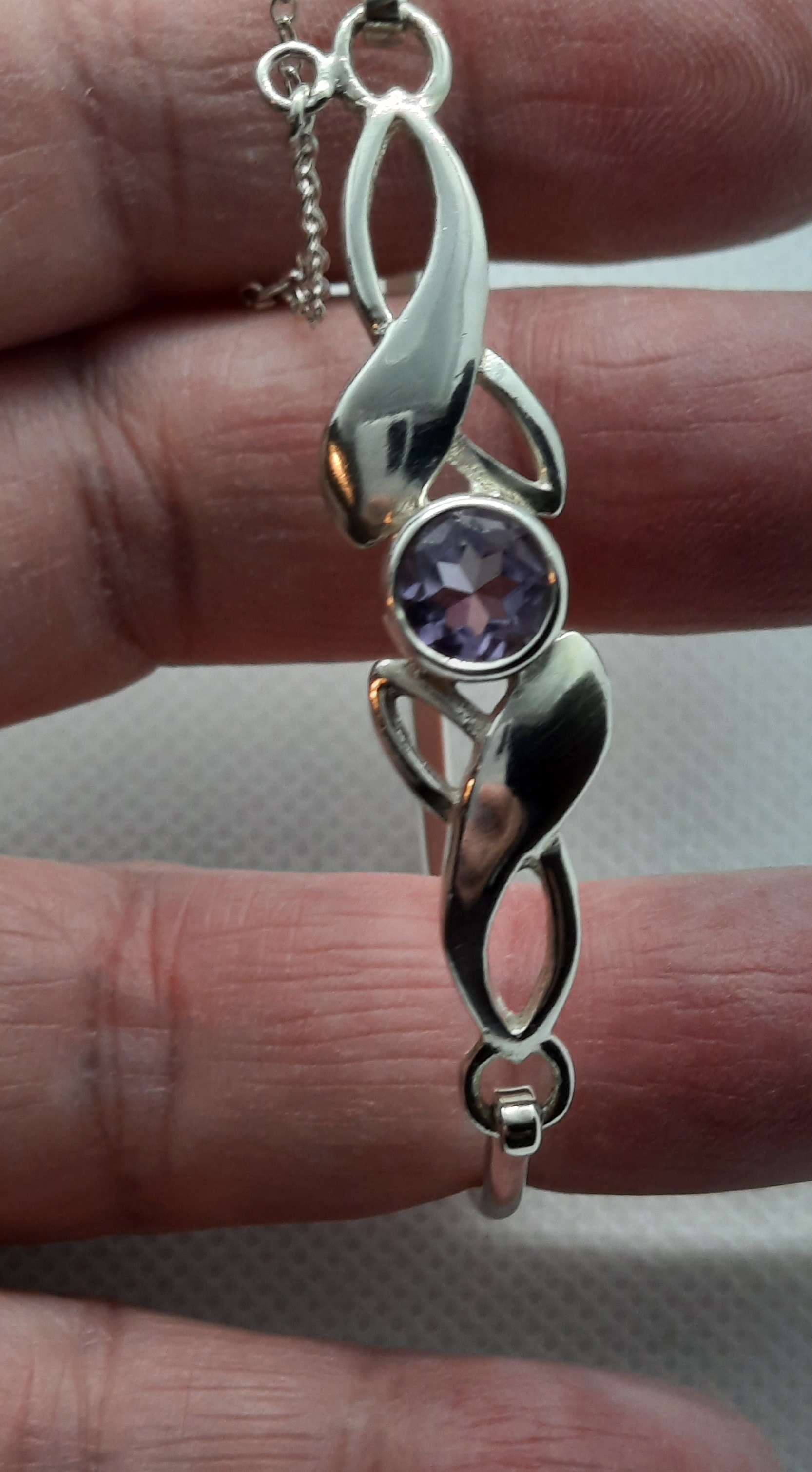 Sterling Silver Amethyst Set Bangle with Safety Chain - Boxed