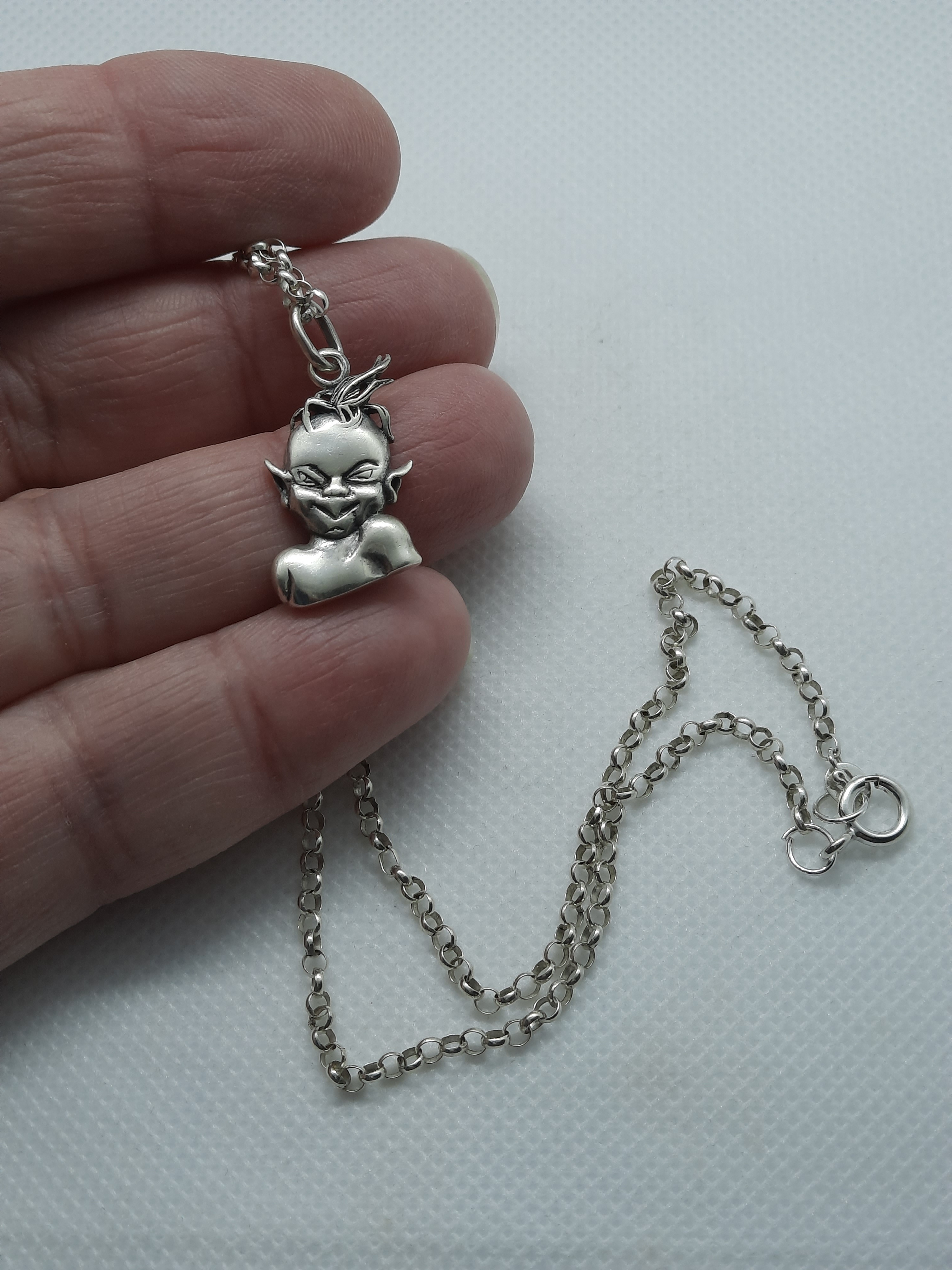 Unusual Sterling Silver Pixie Pendant and Chain