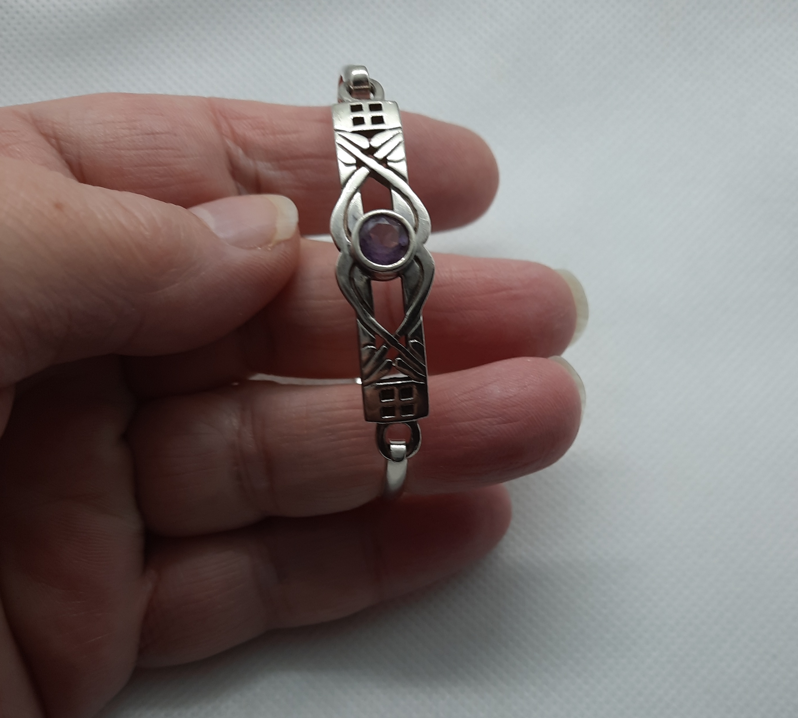 Sterling Silver Amethyst Set Rennie Mackintosh Design Bangle