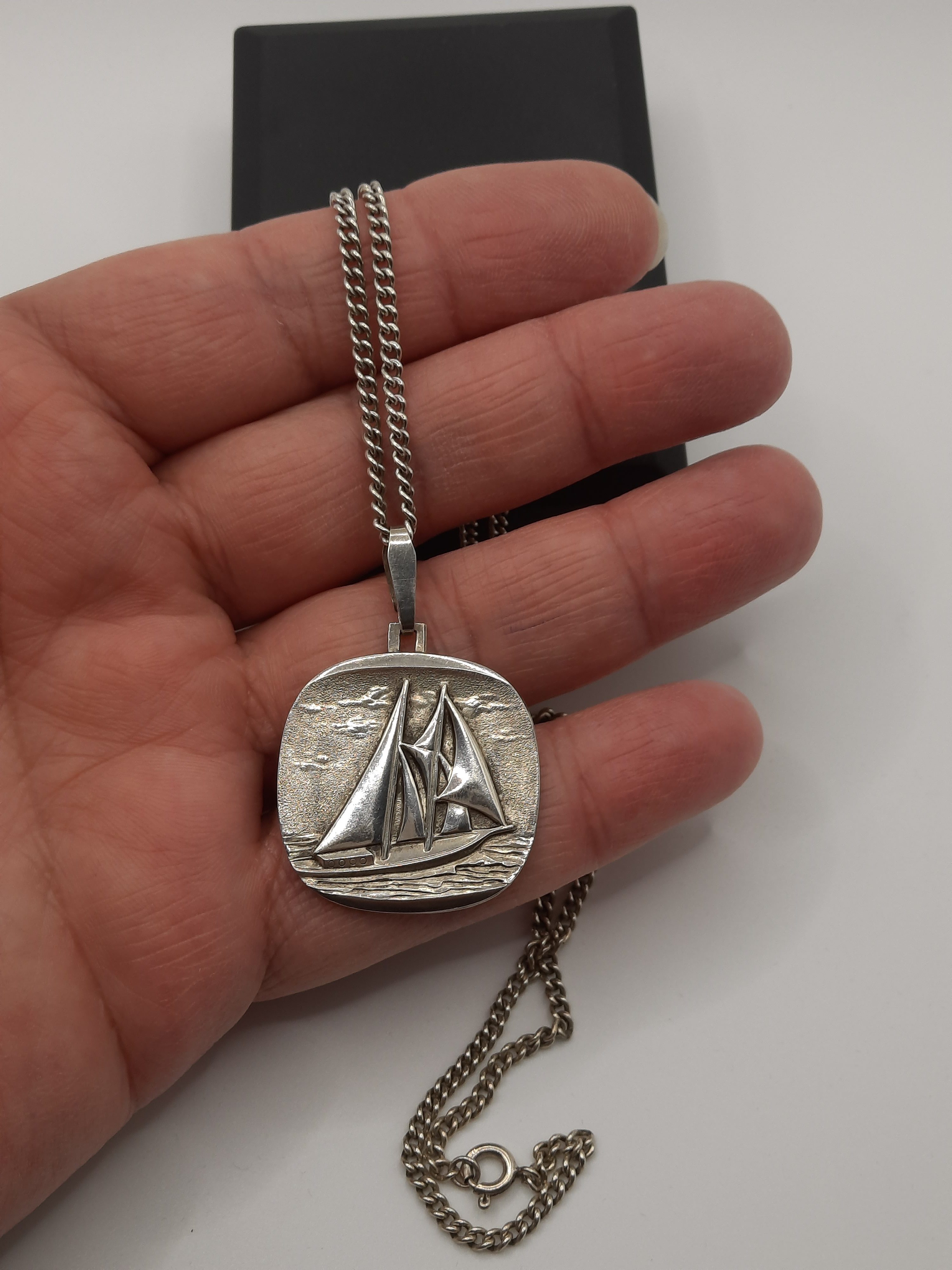 Sterling Silver Yacht Pendant on Sterling Curb Chain
