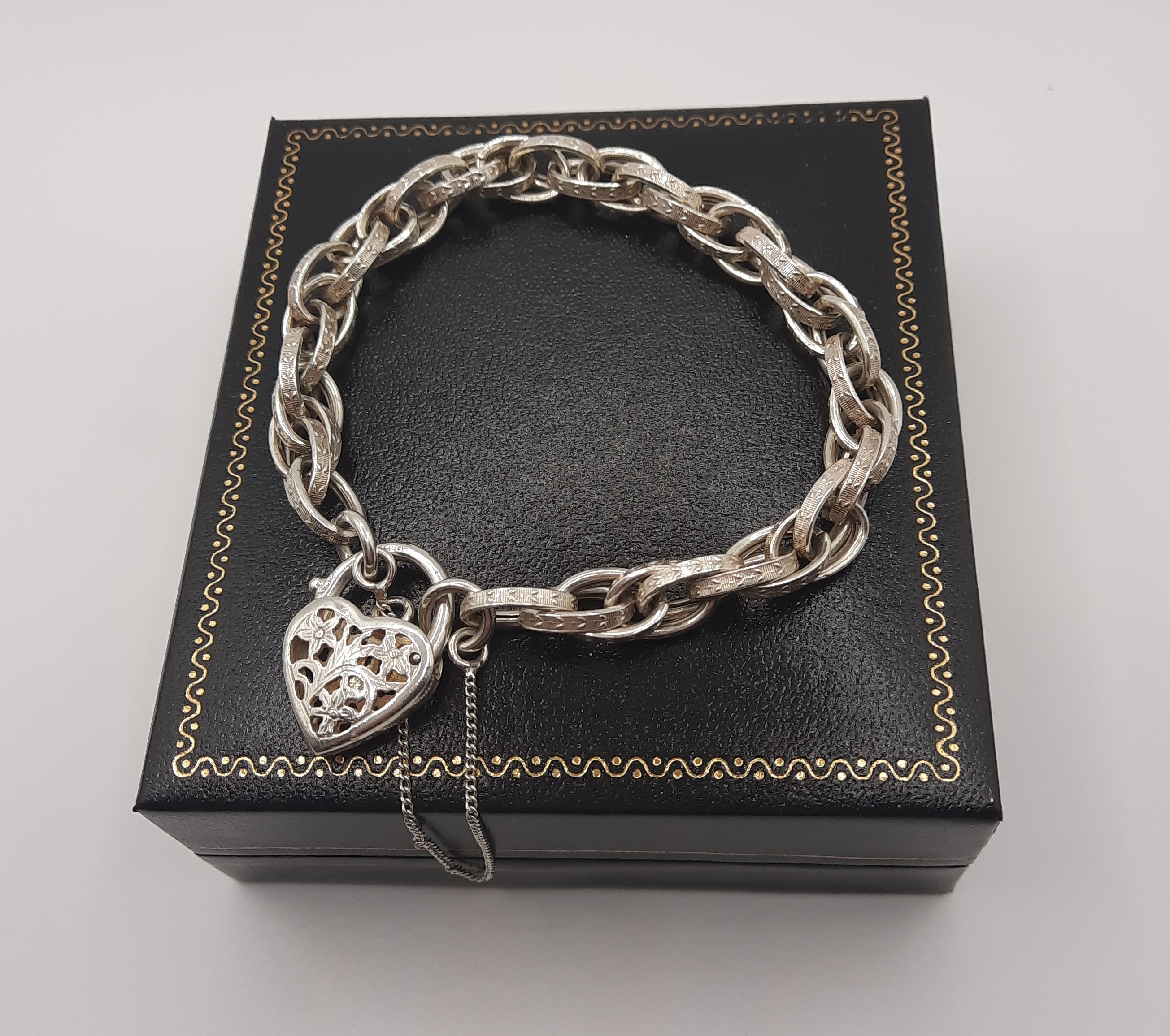 Sterling Silver Patterned Double Link Bracelet with Fancy Heart Padlock