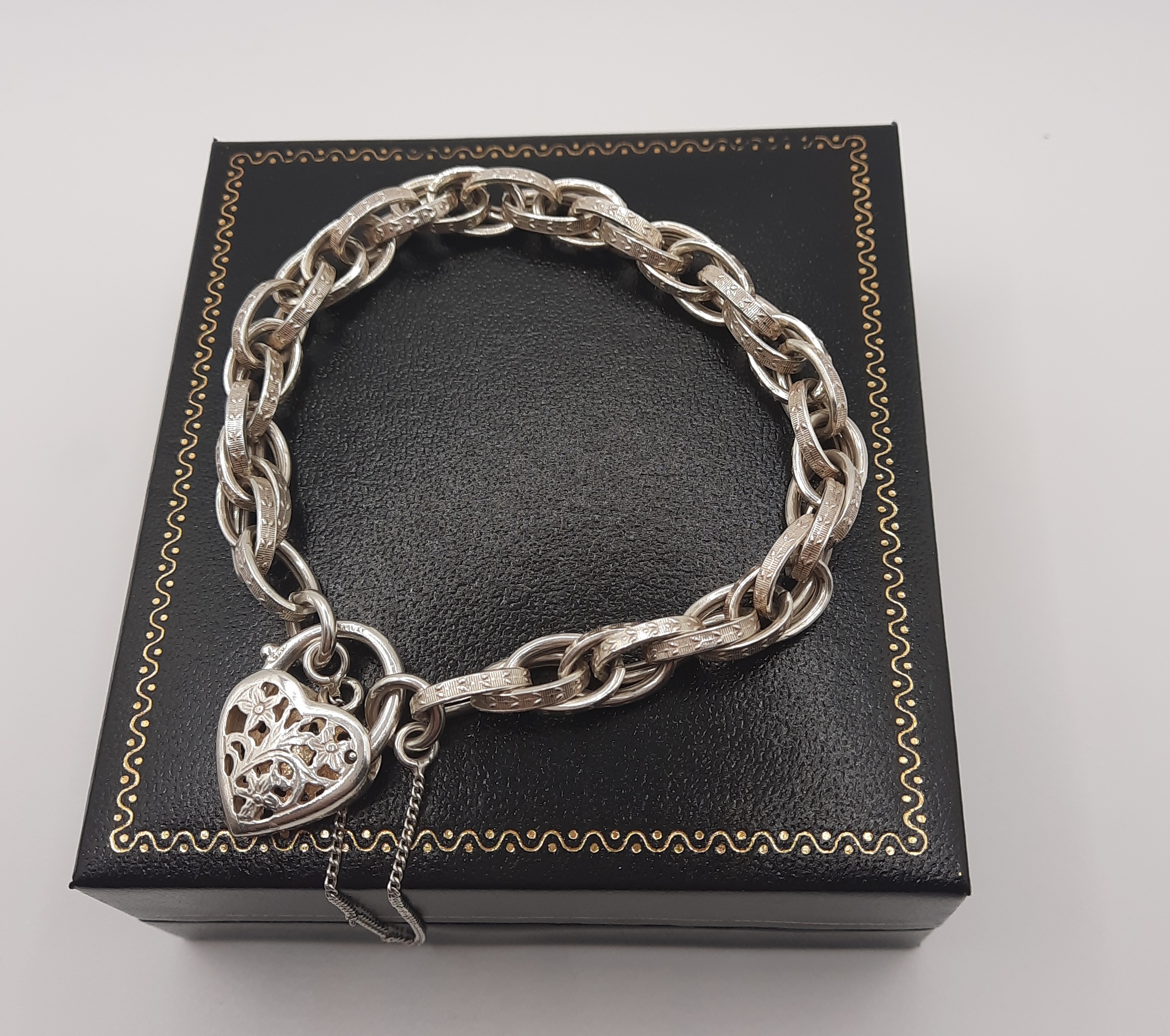 Sterling Silver Patterned Double Link Bracelet with Fancy Heart Padlock