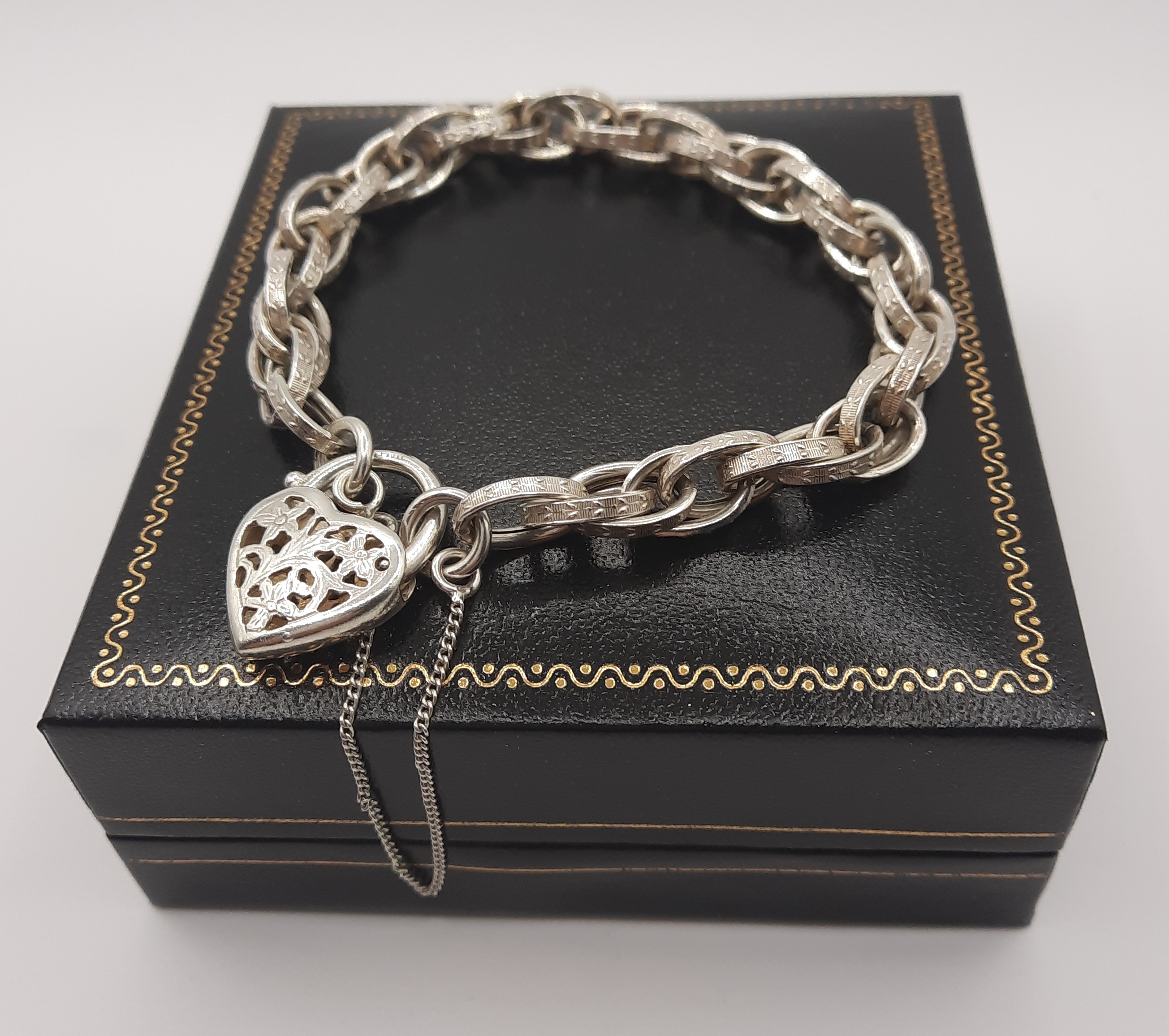 Sterling Silver Patterned Double Link Bracelet with Fancy Heart Padlock