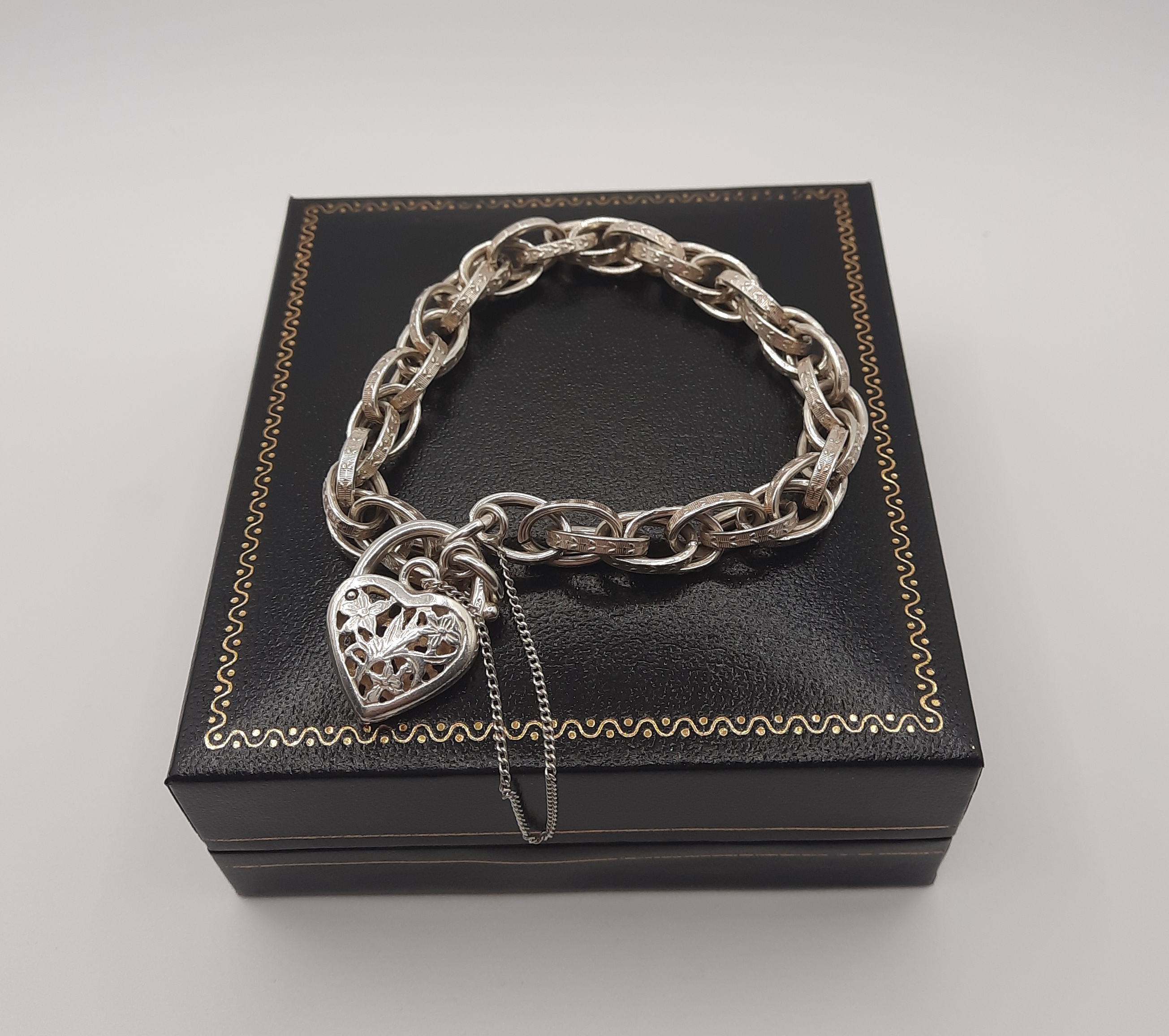 Sterling Silver Patterned Double Link Bracelet with Fancy Heart Padlock
