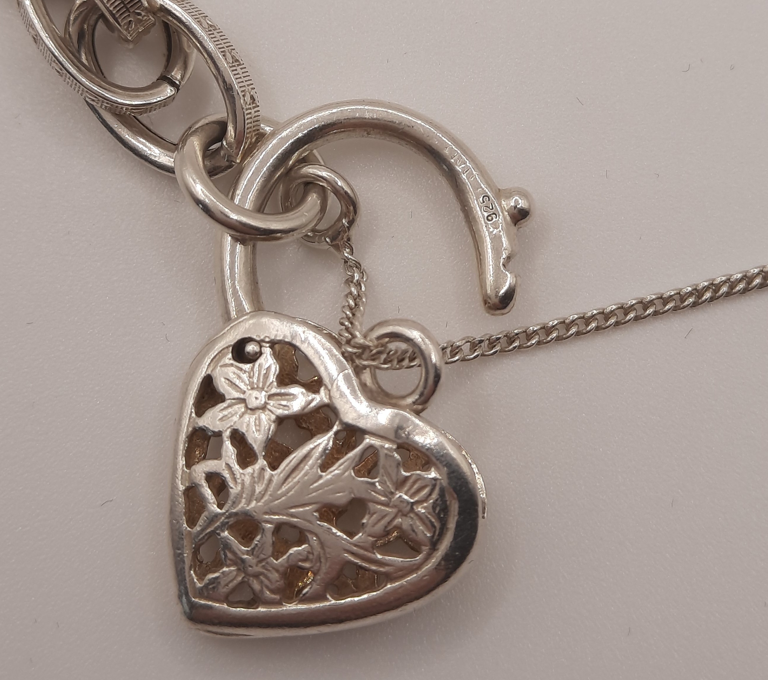 Sterling Silver Patterned Double Link Bracelet with Fancy Heart Padlock