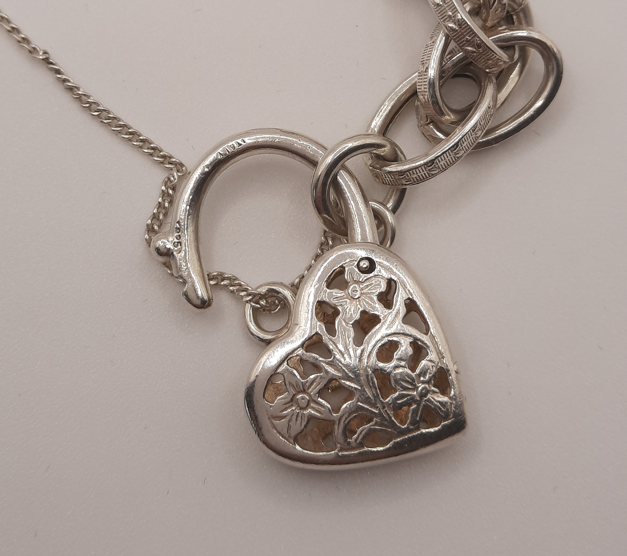 Sterling Silver Patterned Double Link Bracelet with Fancy Heart Padlock