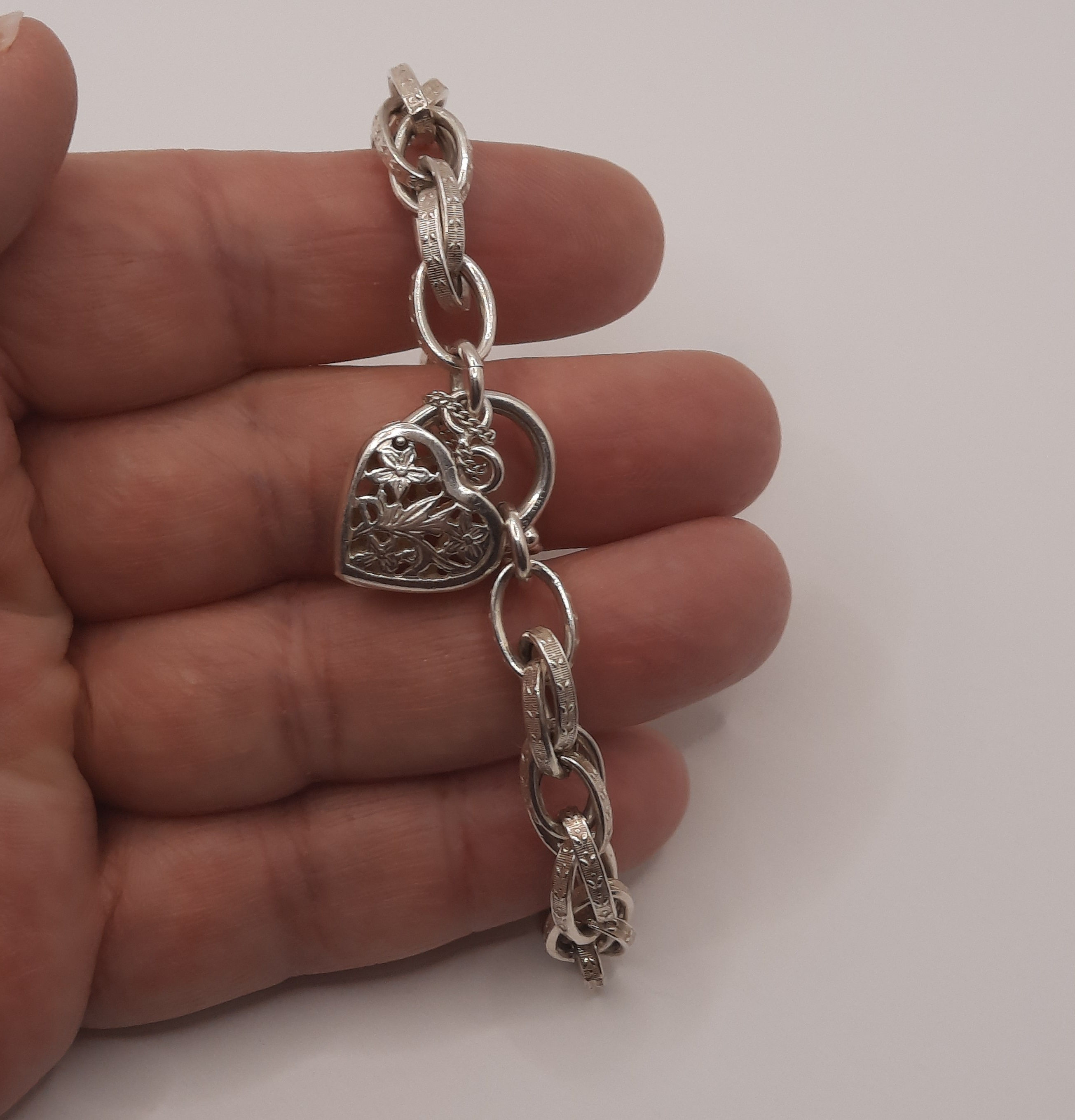Sterling Silver Patterned Double Link Bracelet with Fancy Heart Padlock