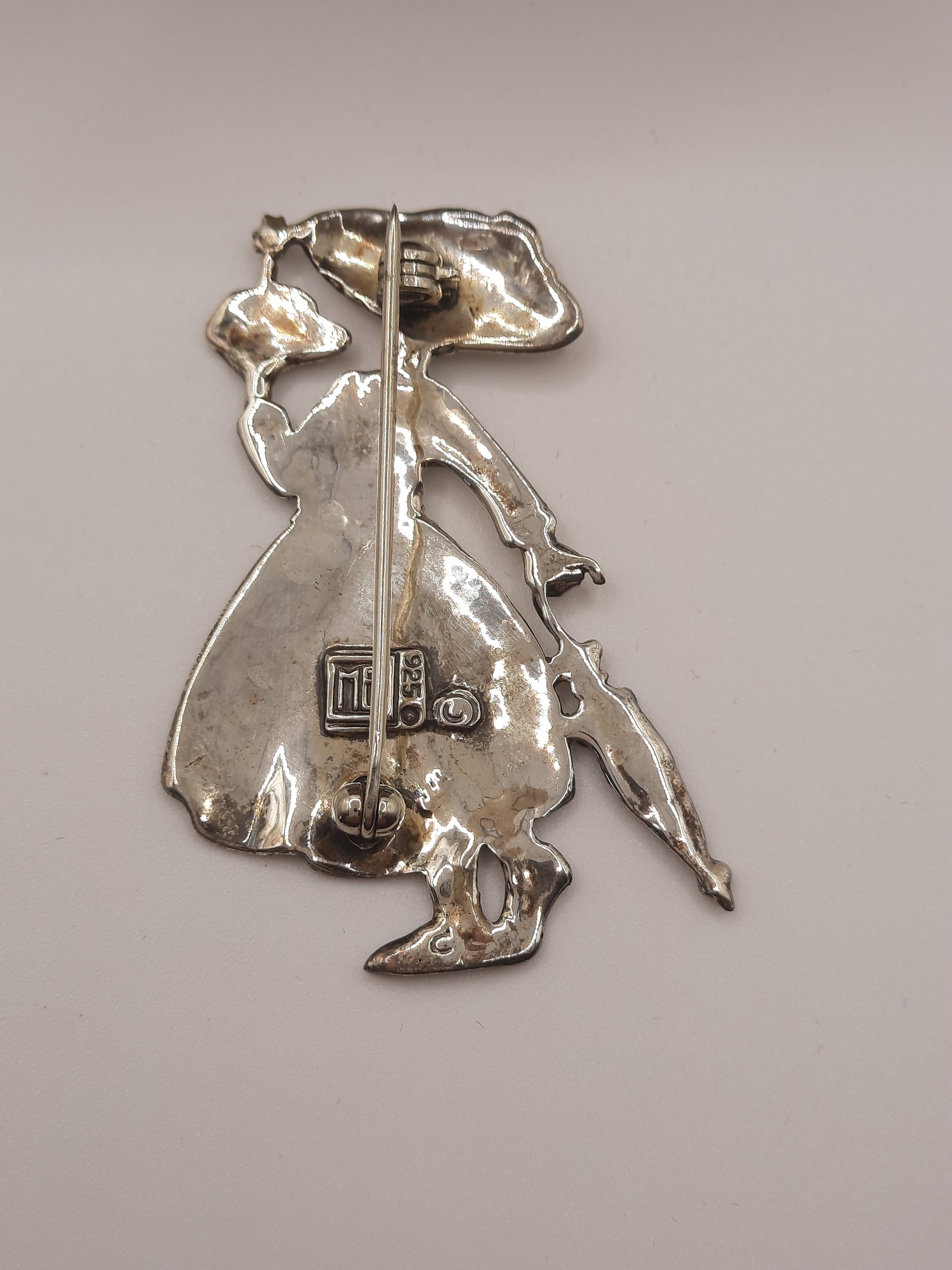Mary Engelbreit Female Figure with Umbrella and Cake Brooch in Sterling Silver