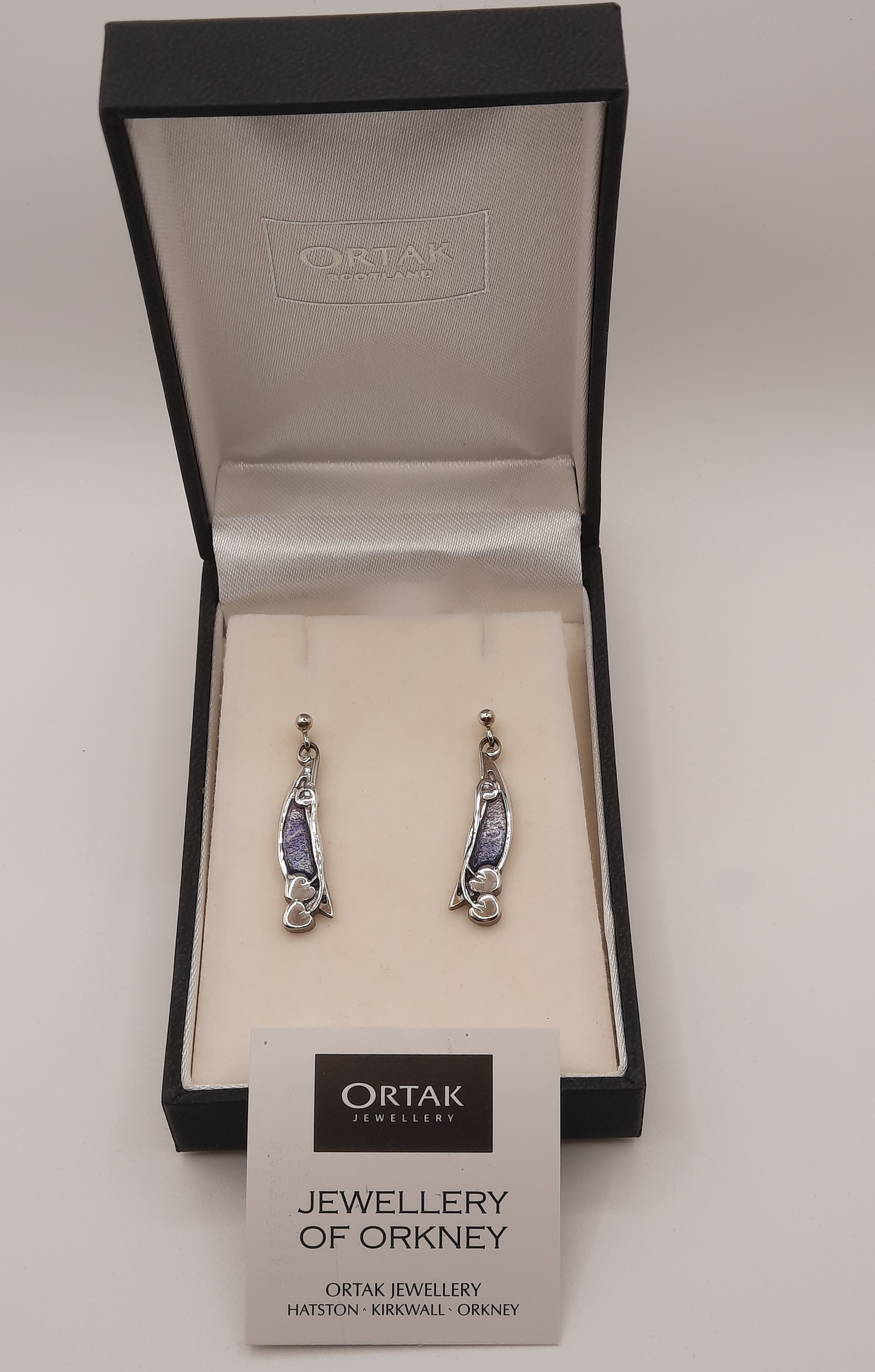 ORTAK Sterling Silver Enameled Earrings in an Archibald Knox Style Design - Original Box