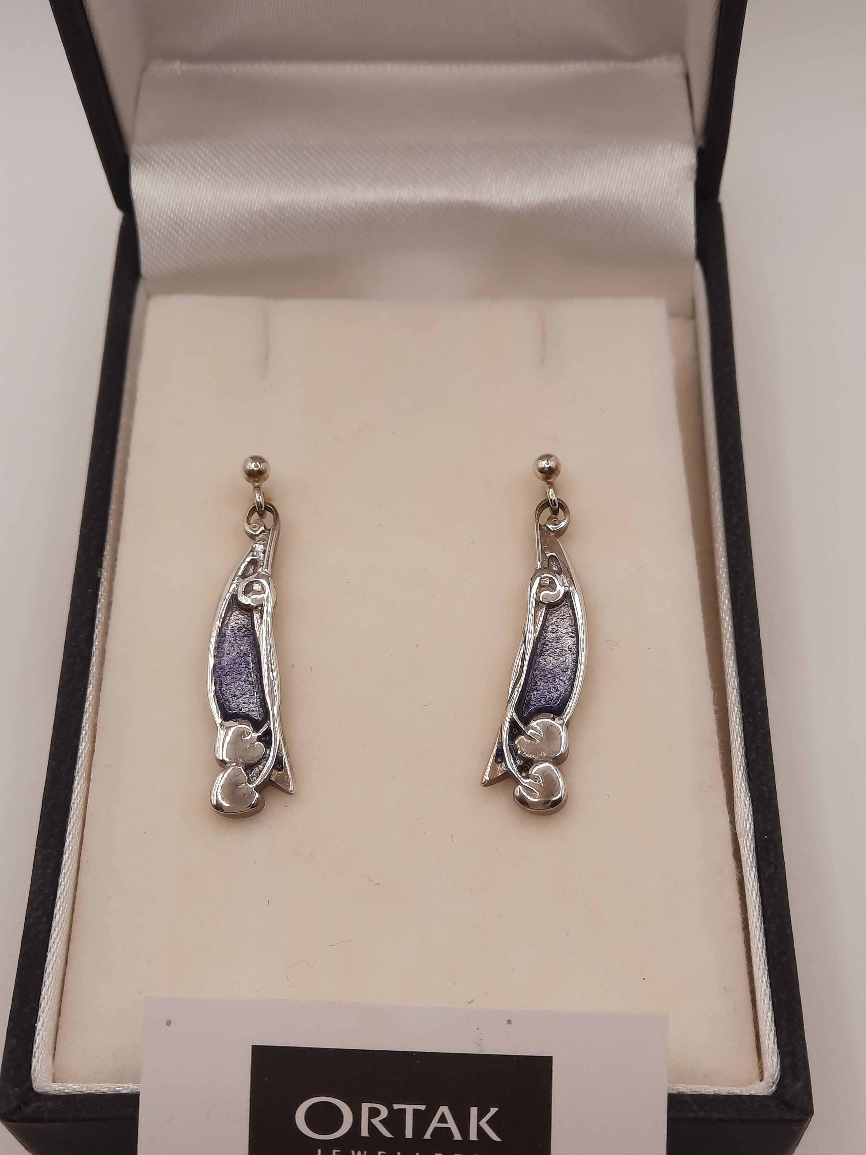 ORTAK Sterling Silver Enameled Earrings in an Archibald Knox Style Design - Original Box